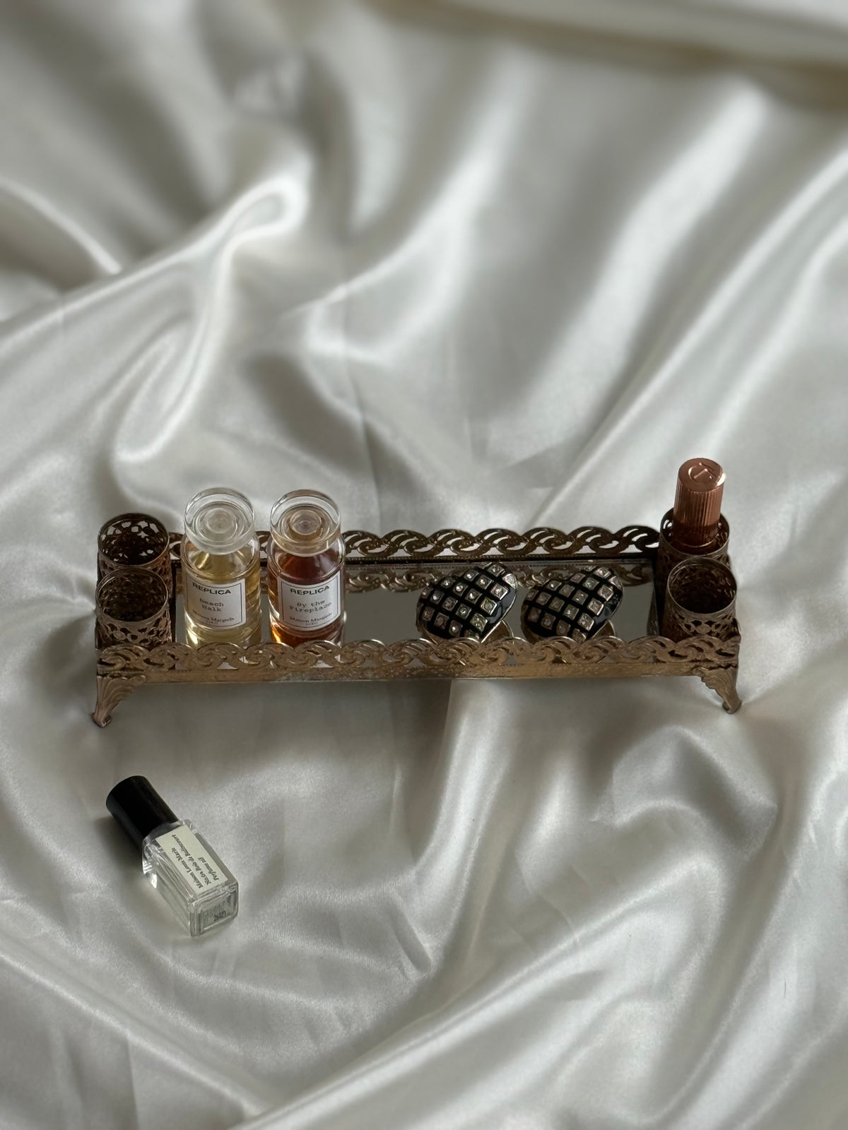 Vintage Ornate Gold-Tone Mirrored Vanity Tray with Filigree Lipstick Holders