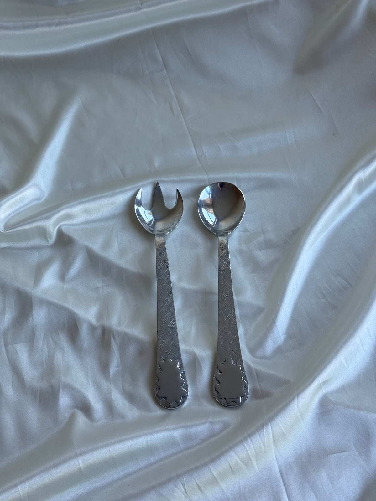 Vintage Pewter Salad Serving Spoon & Fork Set – Textured Handles