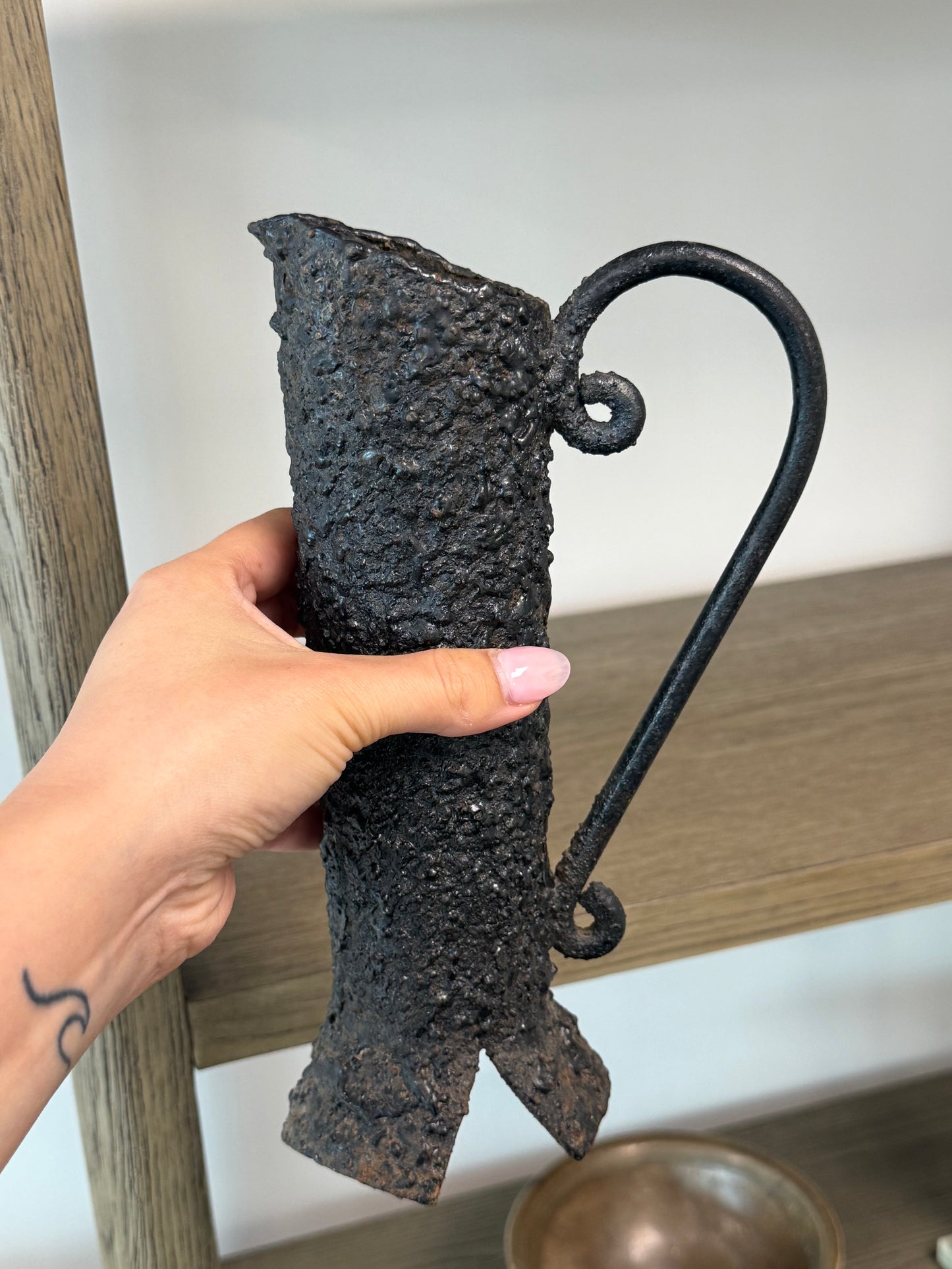 Vintage Brutalist Cast Iron Pitcher Vase
