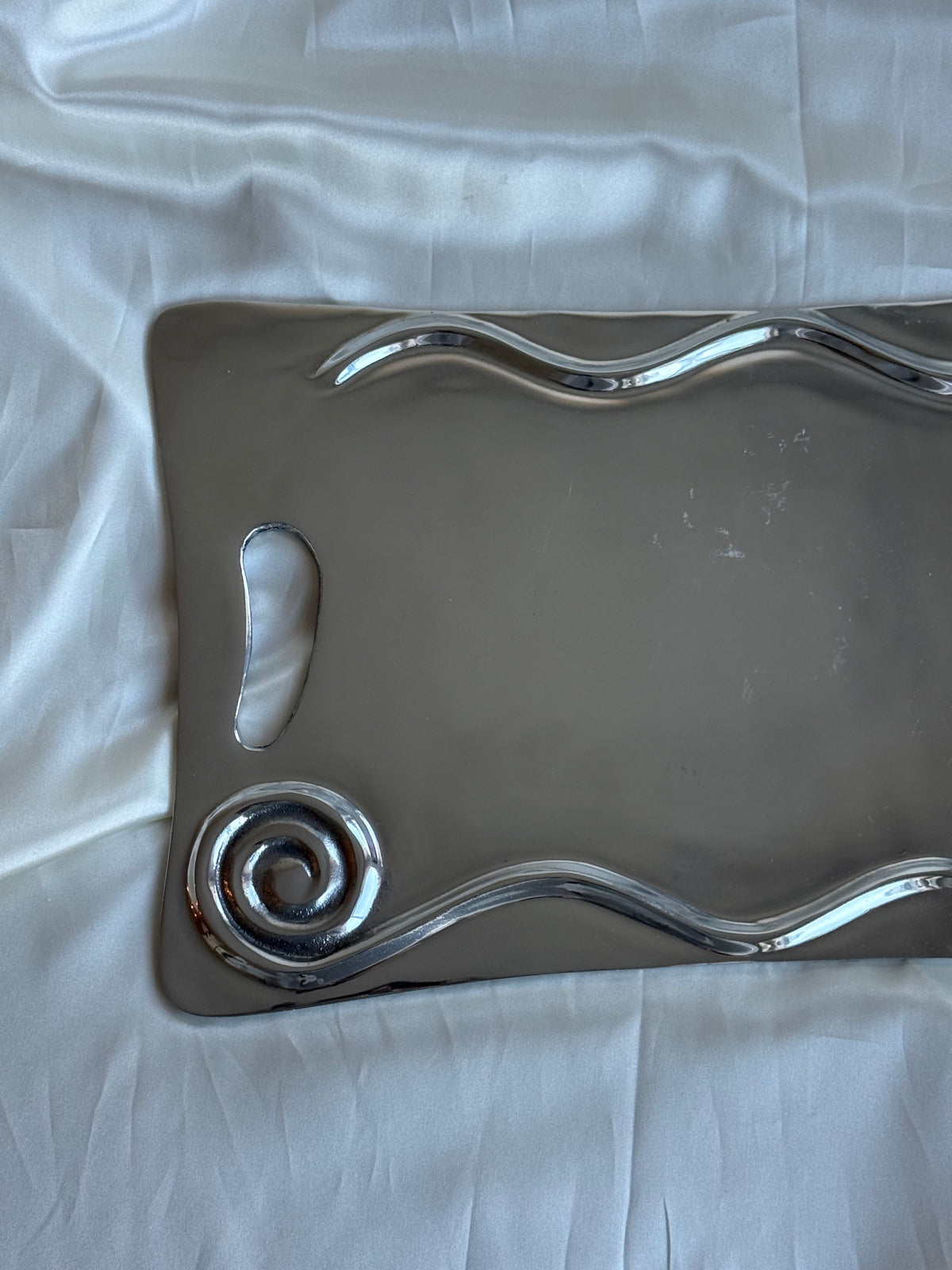 Vintage Sculptural Pewter Serving Tray – Modernist Wave & Spiral Design