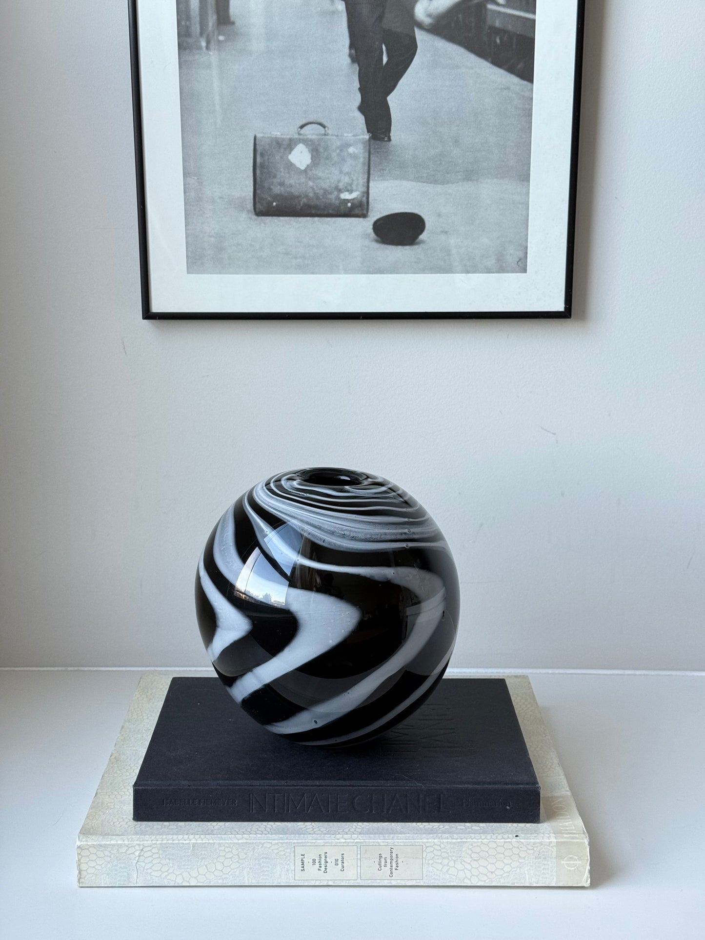 Vintage Hand-Blown Black & White Swirl Glass Vase