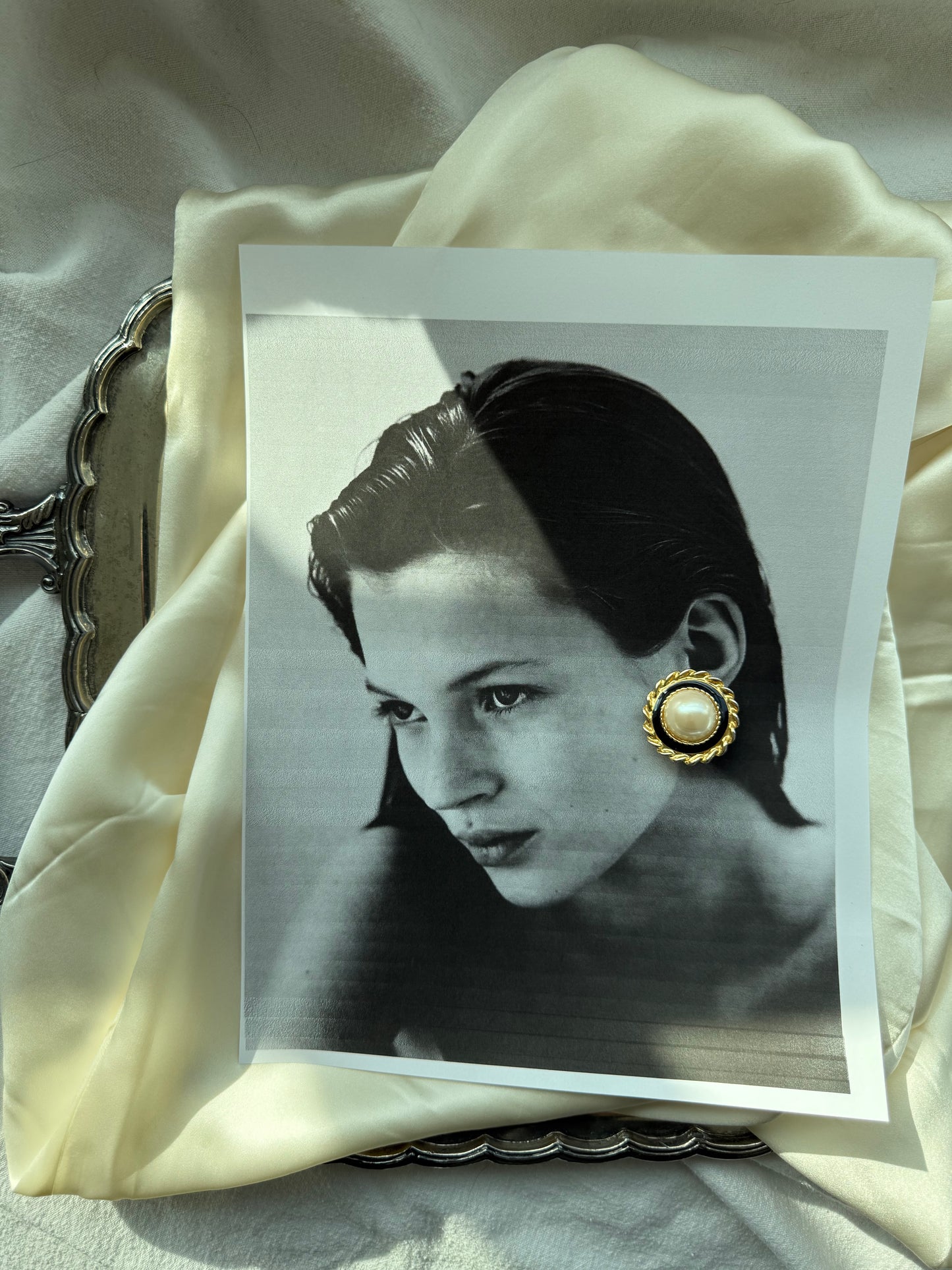 Vintage Gold-Tone Clip-On Earrings with Faux Pearl & Black Enamel Detail