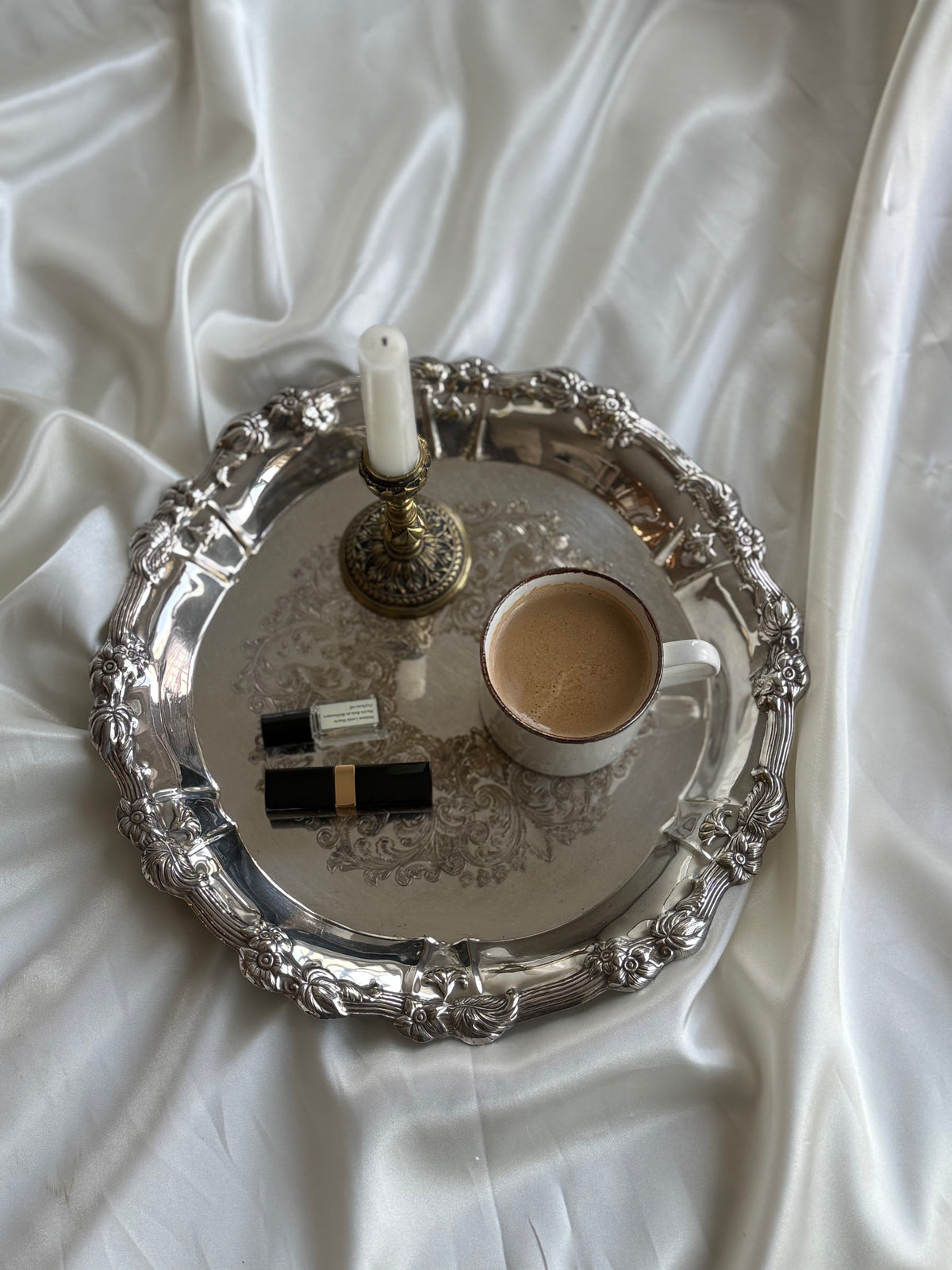 Vintage Ornate Silver Plated Round Serving Tray