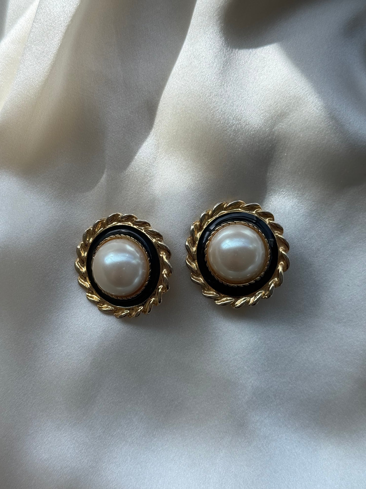 Vintage Gold-Tone Clip-On Earrings with Faux Pearl & Black Enamel Detail
