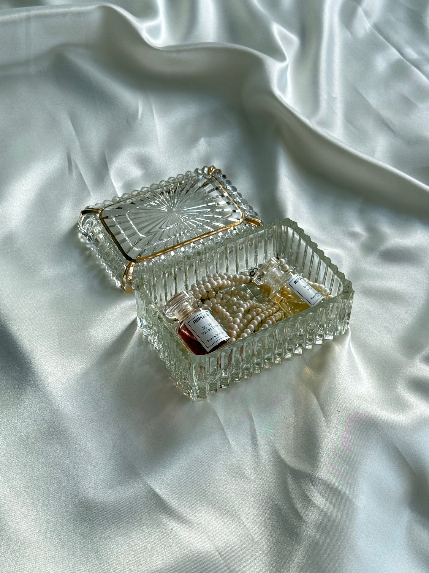 Vintage Pressed Glass Cigarette Box with Gold plated Trim
