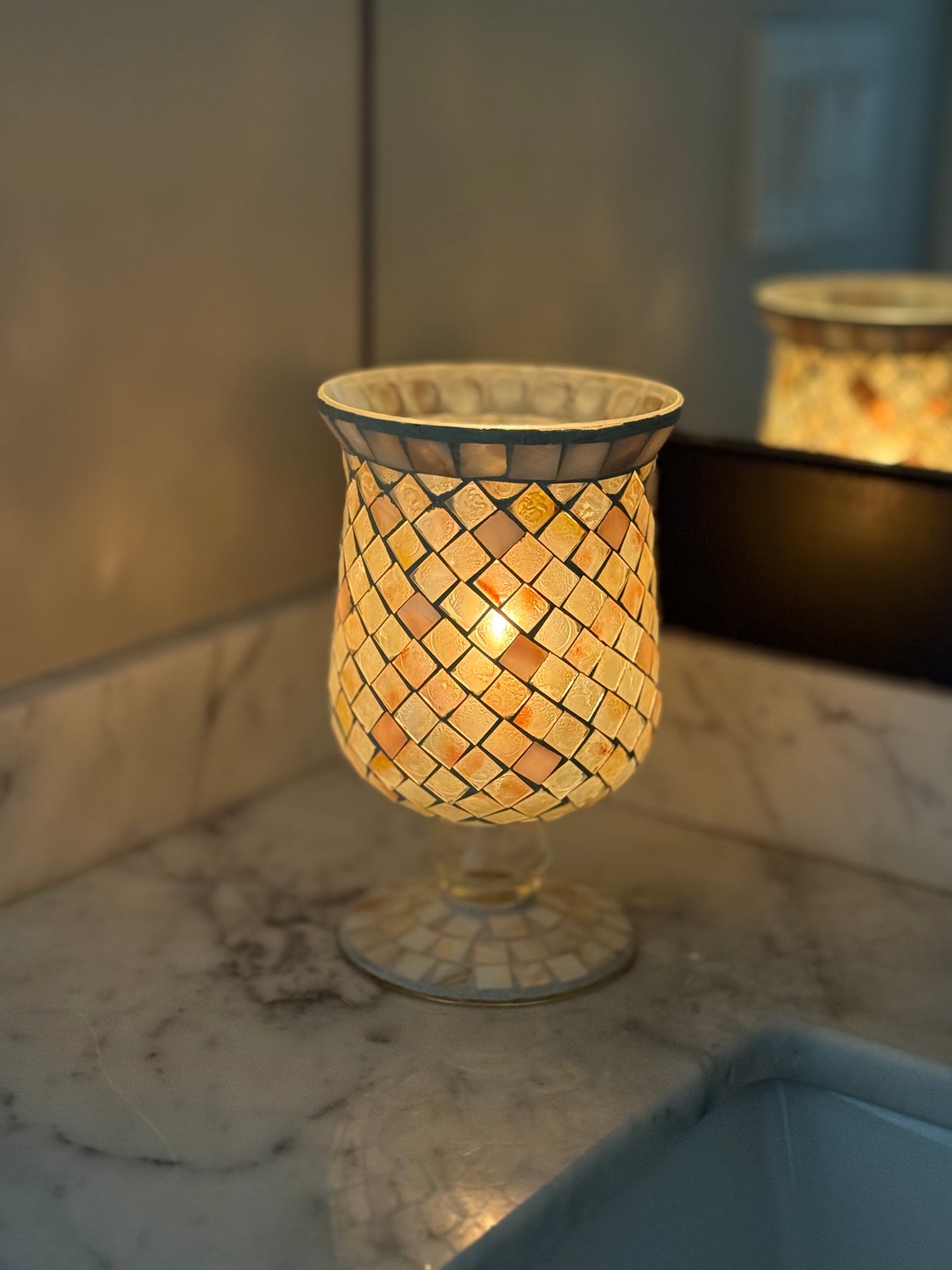 Vintage Mosaic Mother of Pearl Hurricane Candleholder