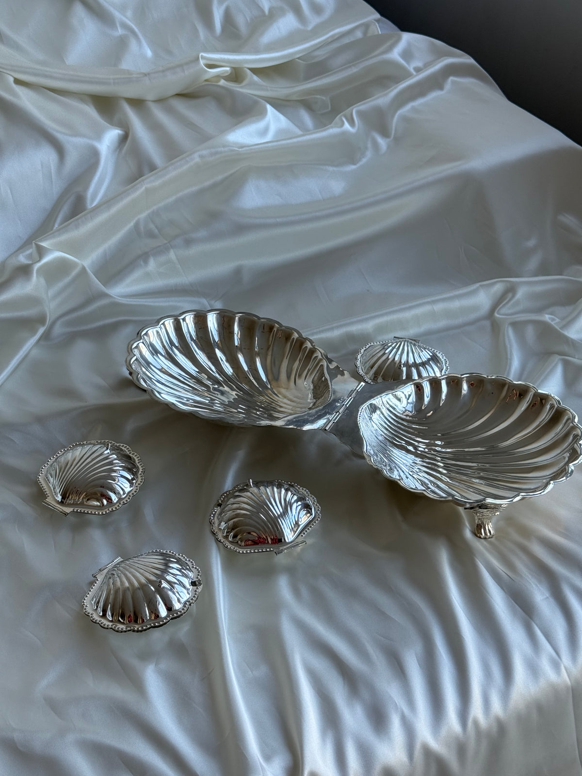 Vintage Silver-Plated Shell Sugar Bowl with Glass Insert & Spoon