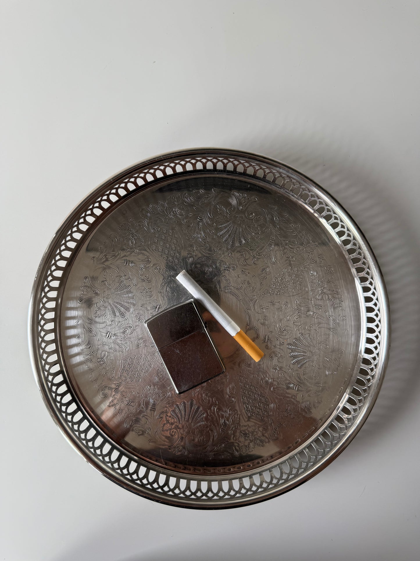 Vintage Silver-Plated Round Serving Tray with Gallery Rim