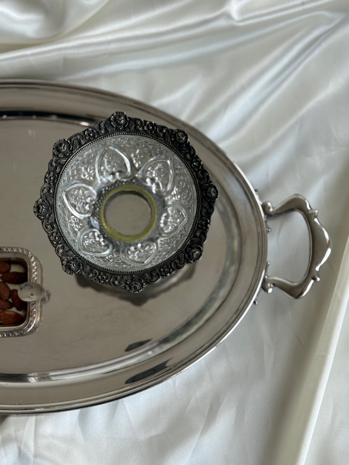 Vintage Pressed Glass Bowl with Ornate Silver-Tone Metal Rim