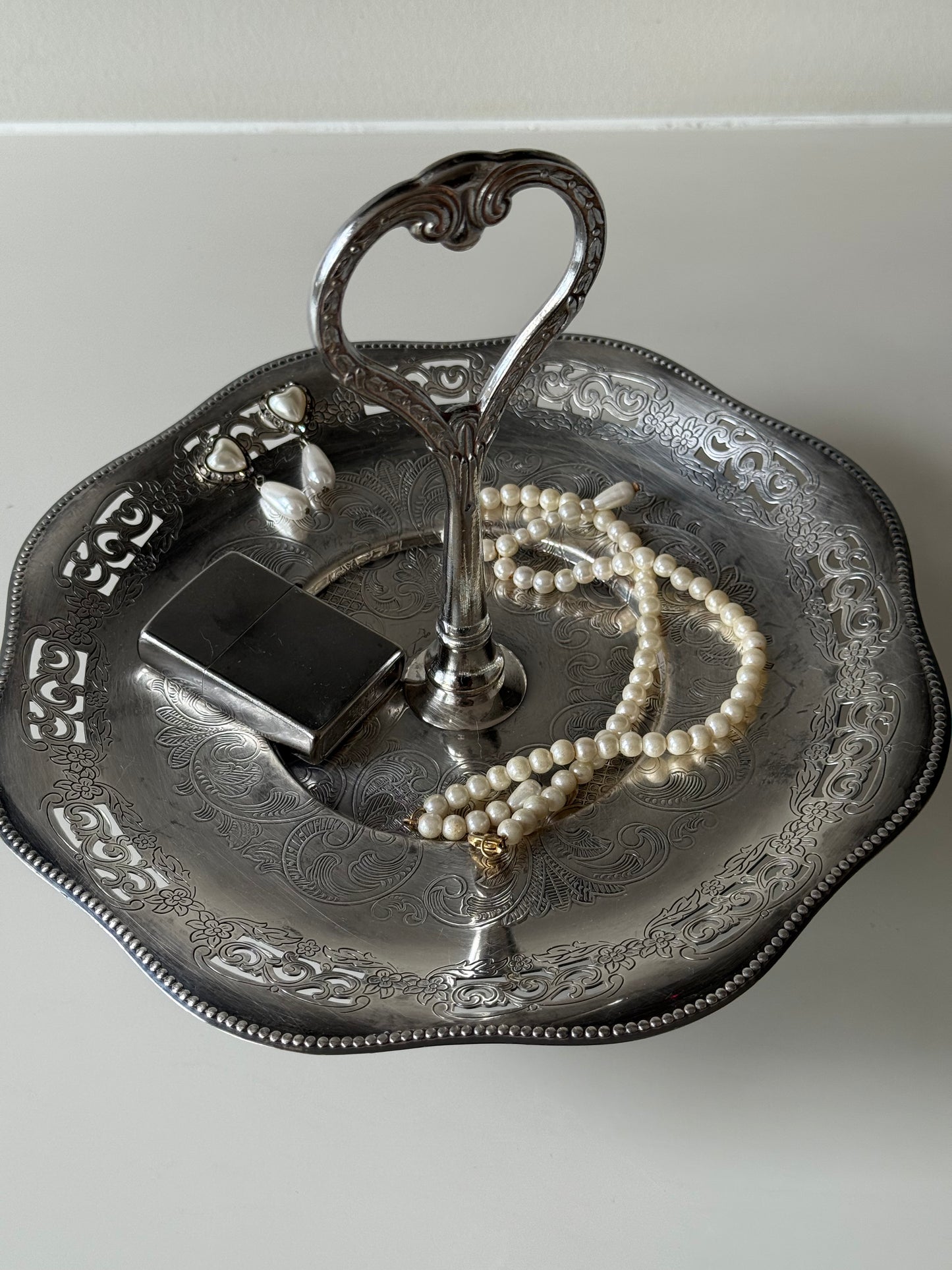 Vintage Silver-Plated Pedestal Tray with Heart Handle