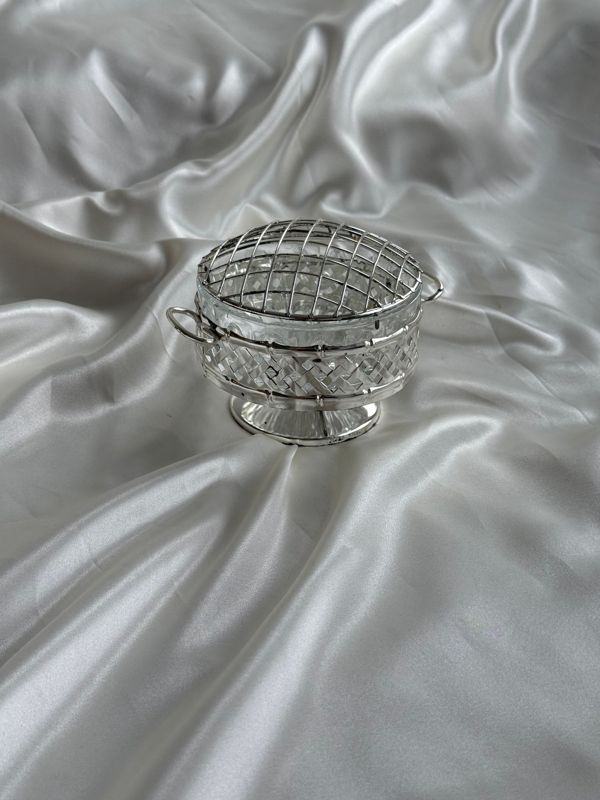 Vintage Glass Rose Bowl with Silver-plated Flower Frog & Stand