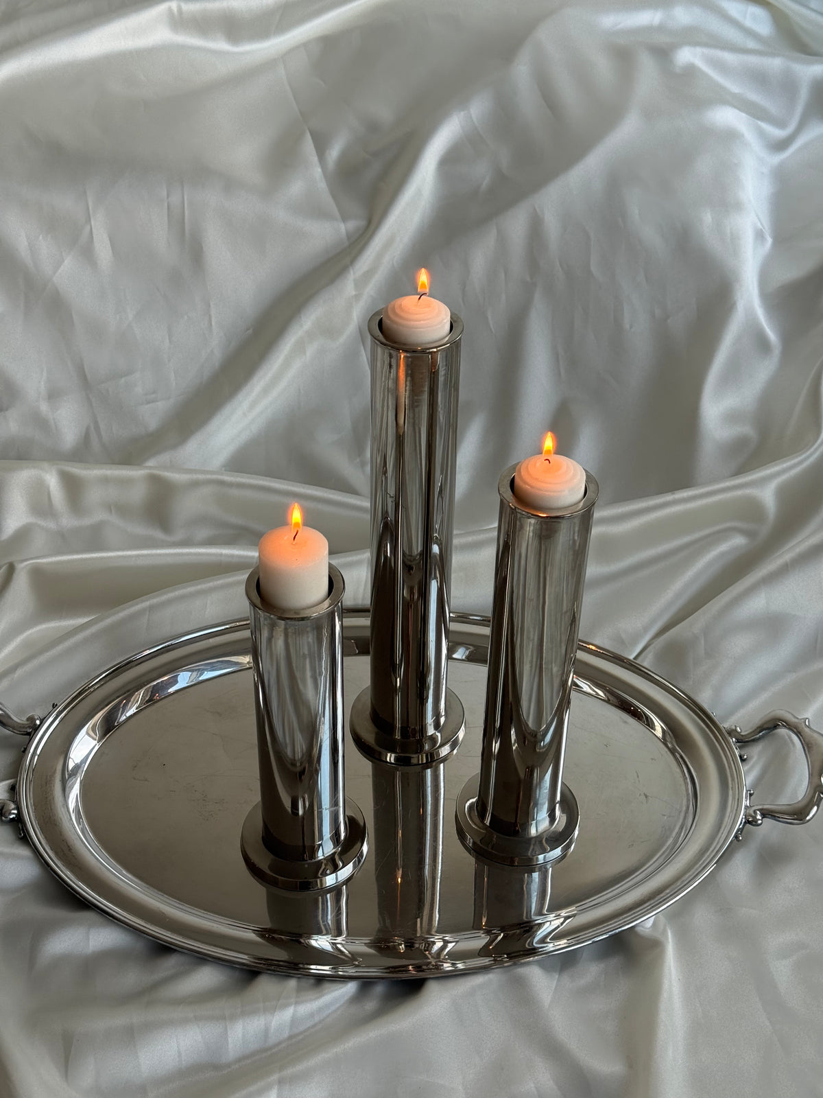 Vintage Chrome Modernist Candle Holders – Set of 3