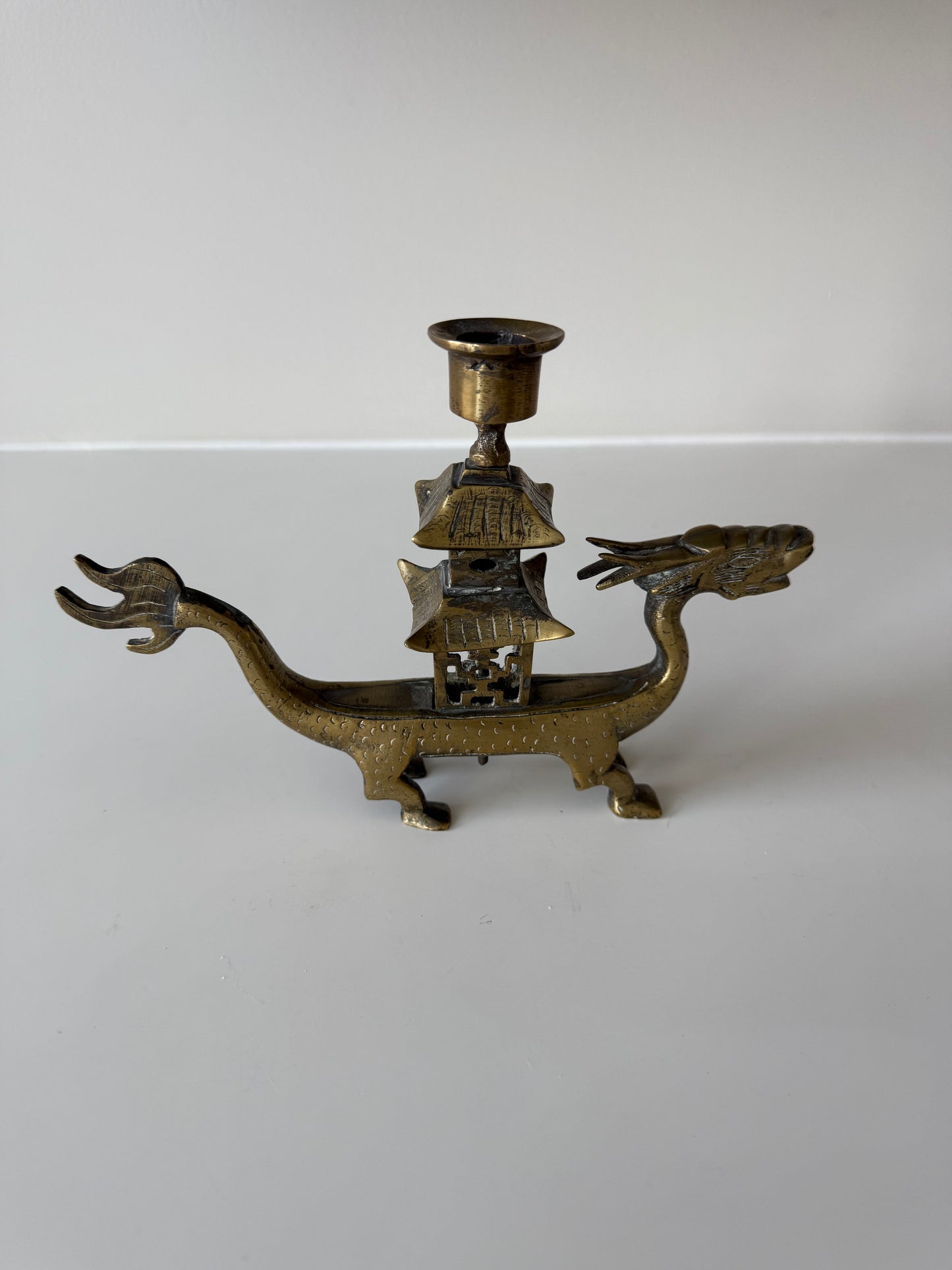 Vintage Chinoiserie Brass Dragon Boat & Pagoda Candlestick