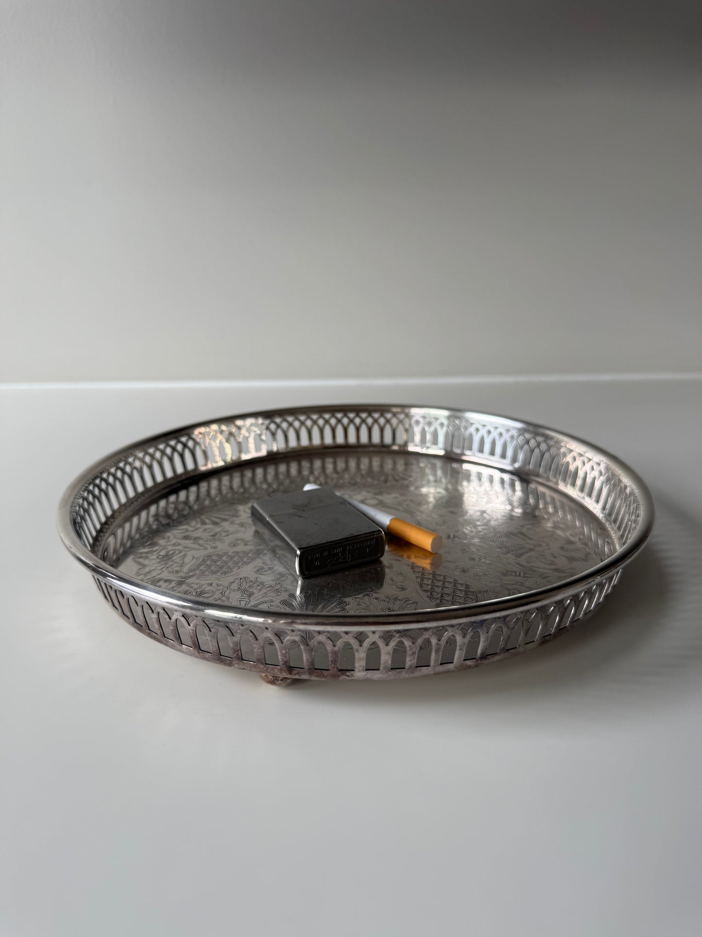 Vintage Silver-Plated Round Serving Tray with Gallery Rim