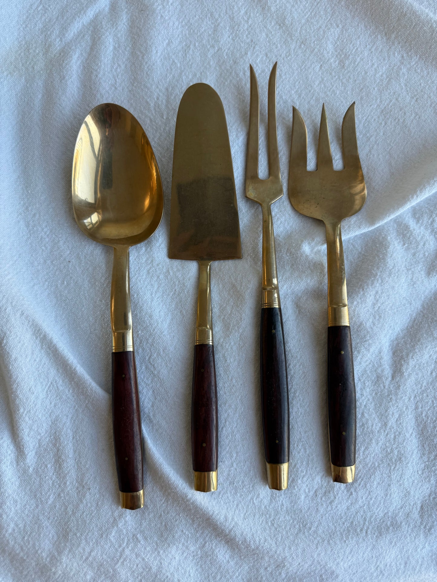 Vintage Thai-Made Brass & Wood Flatware Set – 17 Pieces