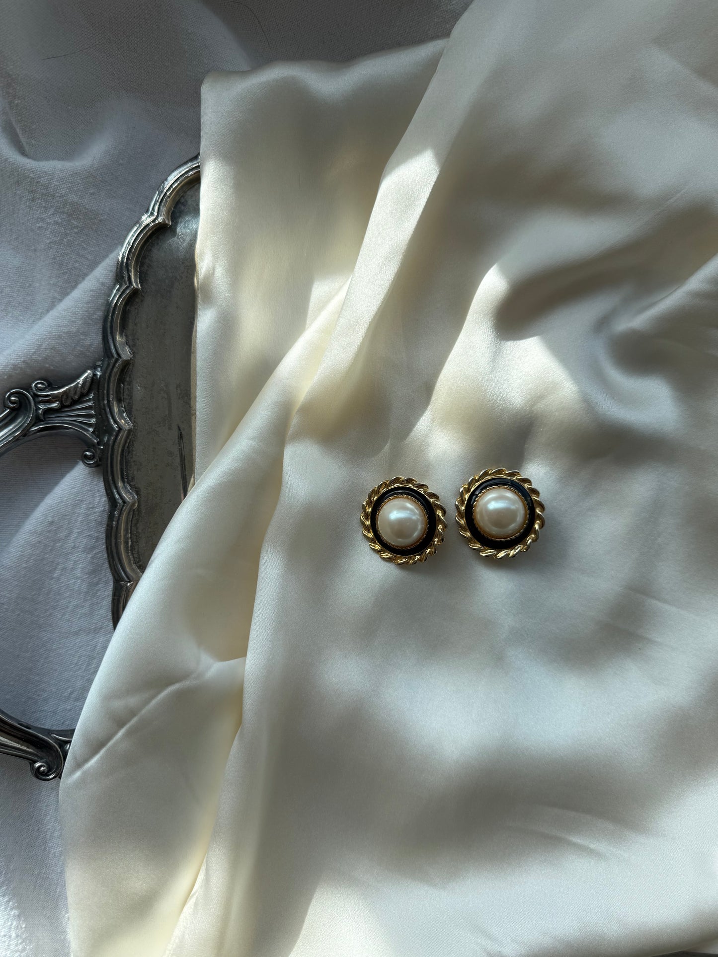 Vintage Gold-Tone Clip-On Earrings with Faux Pearl & Black Enamel Detail