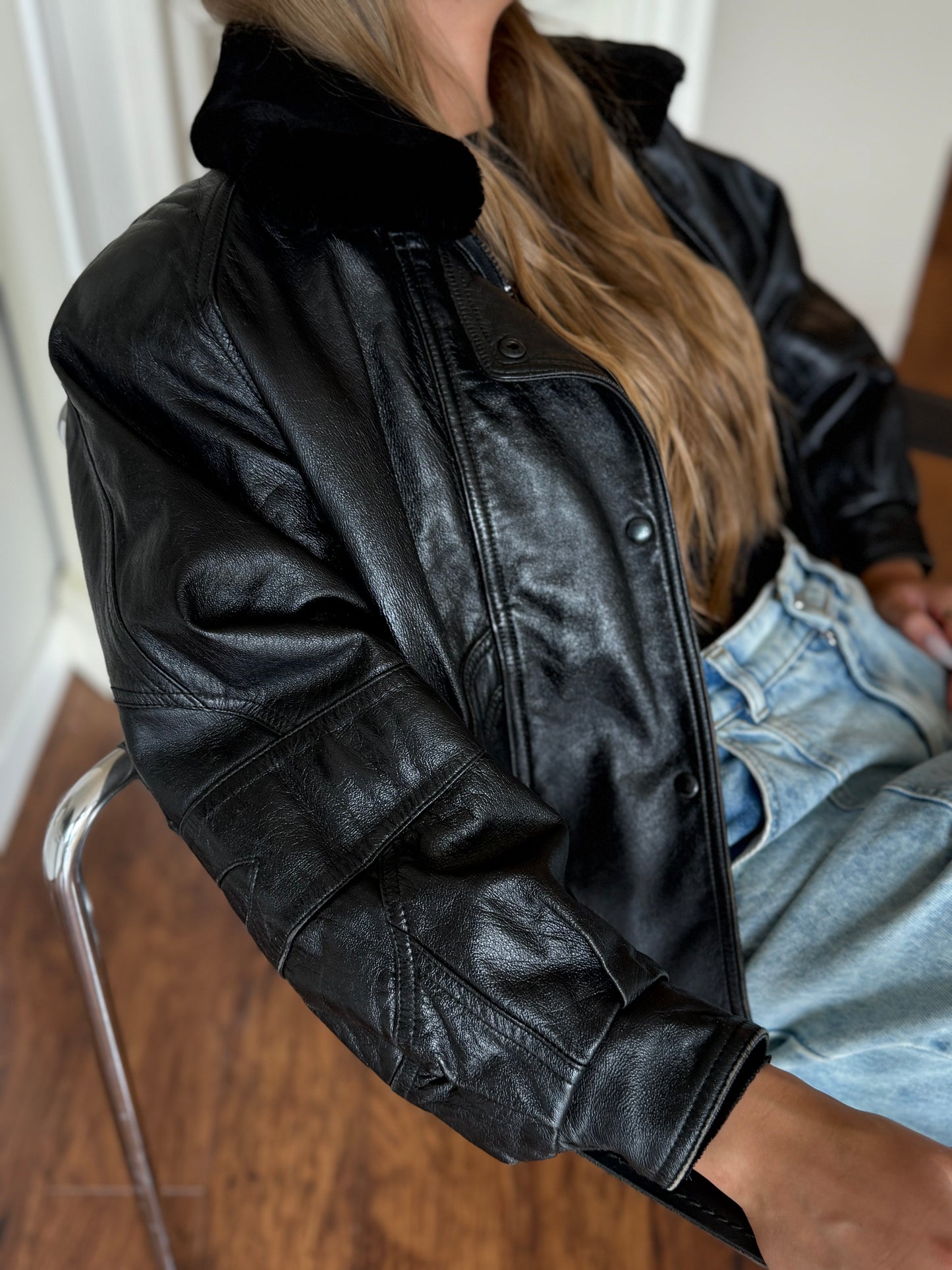 Vintage Black Leather Bomber Jacket with fur collar