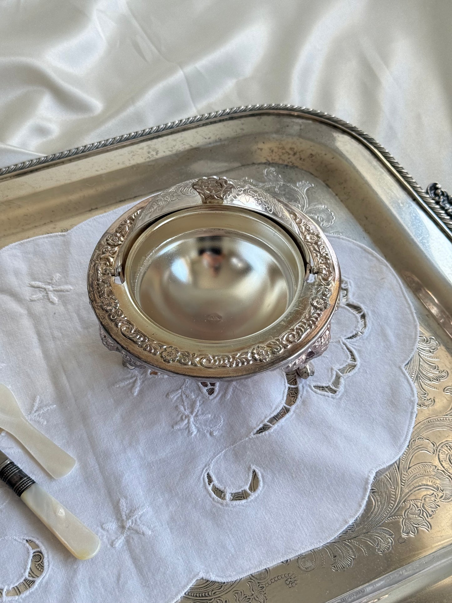 Vintage English Silver Plated Caviar Server with Mother of Pearl Spoon