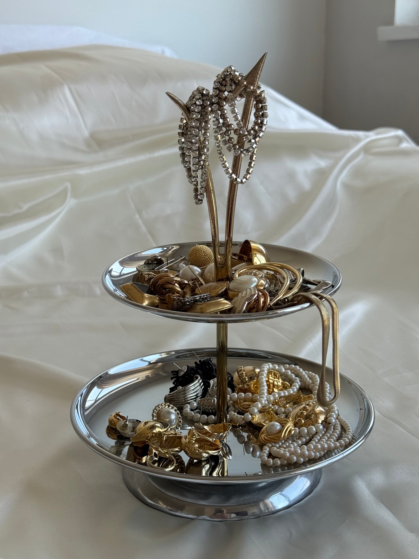 Vintage Two-Tier Chrome Jewelry Stand / Serving Tray