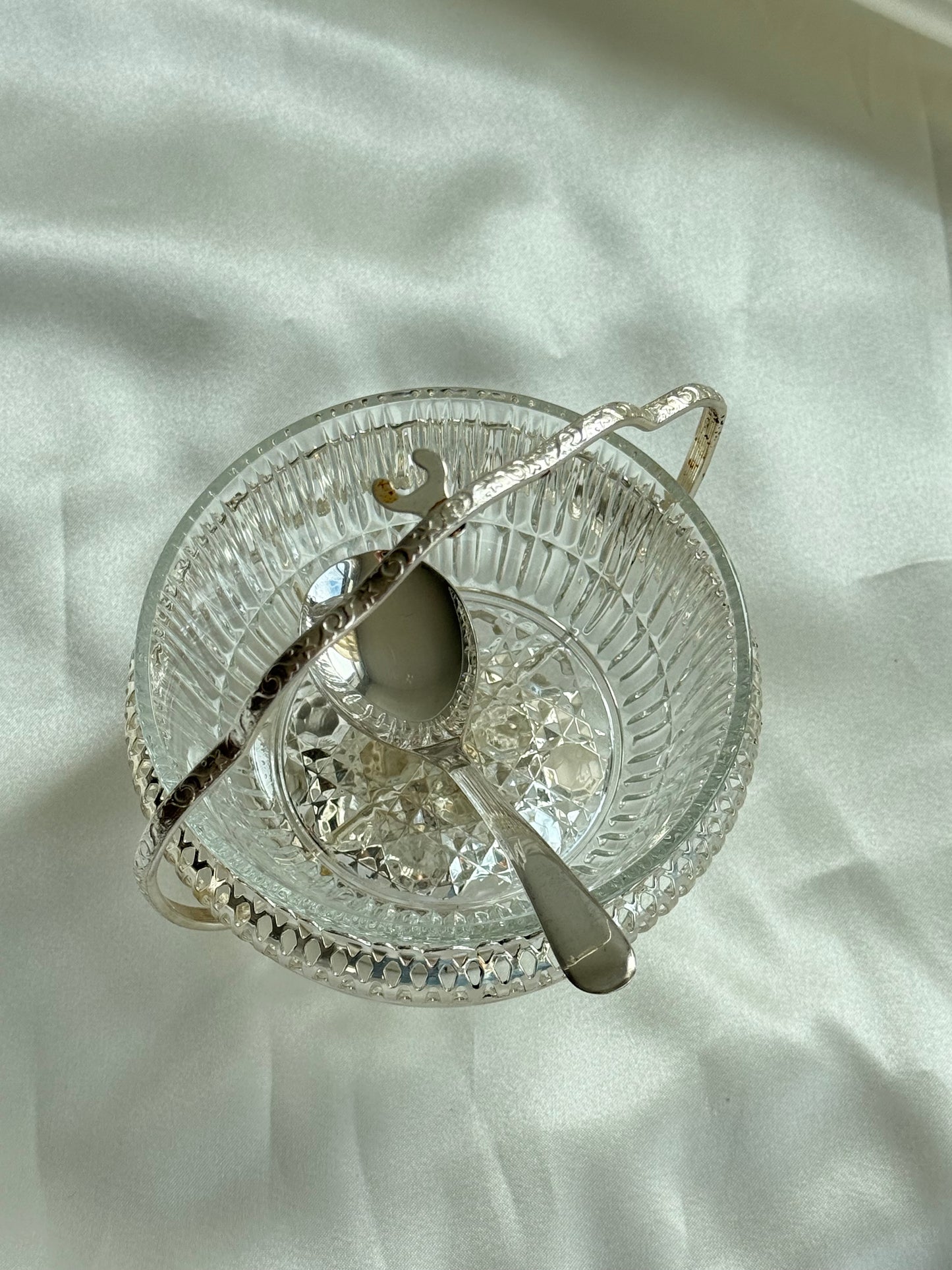 Vintage English Silver Plate Condiment Server with Glass Insert & Spoon