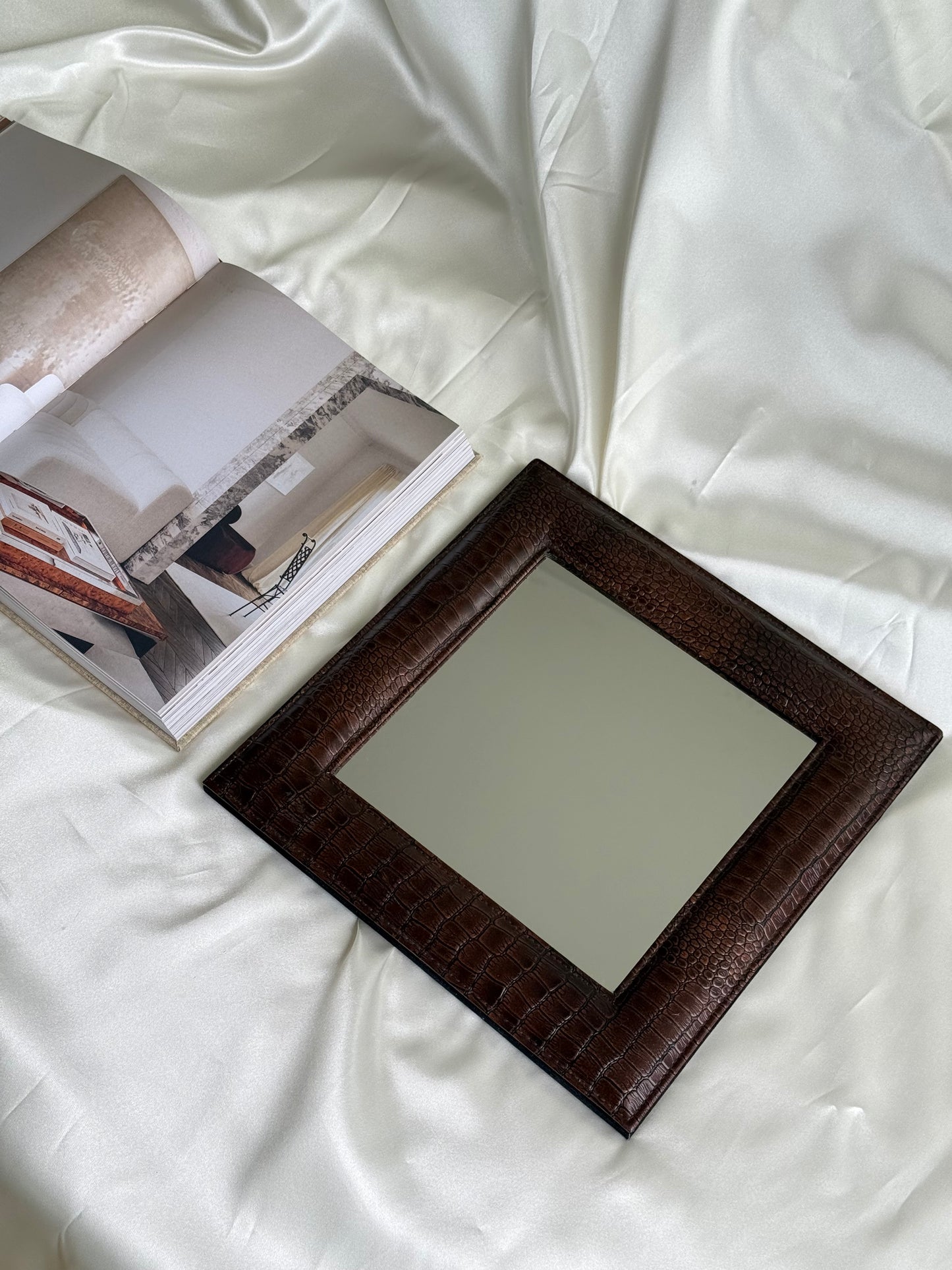 Embossed Croc Leather Mirror – Minimalist Square Wall Accent
