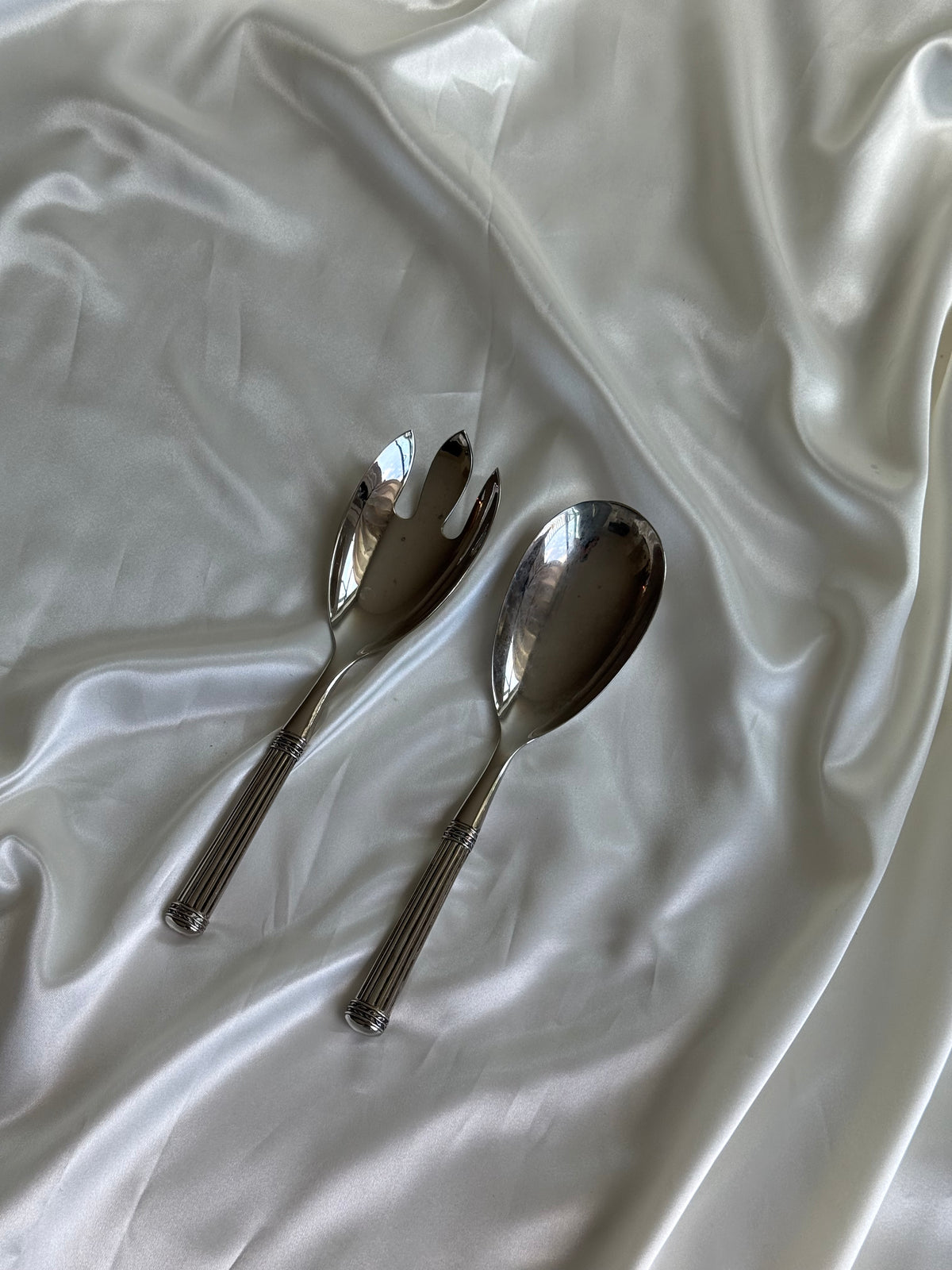 Vintage Silver-Plated Ribbed Handle Salad Serving Set