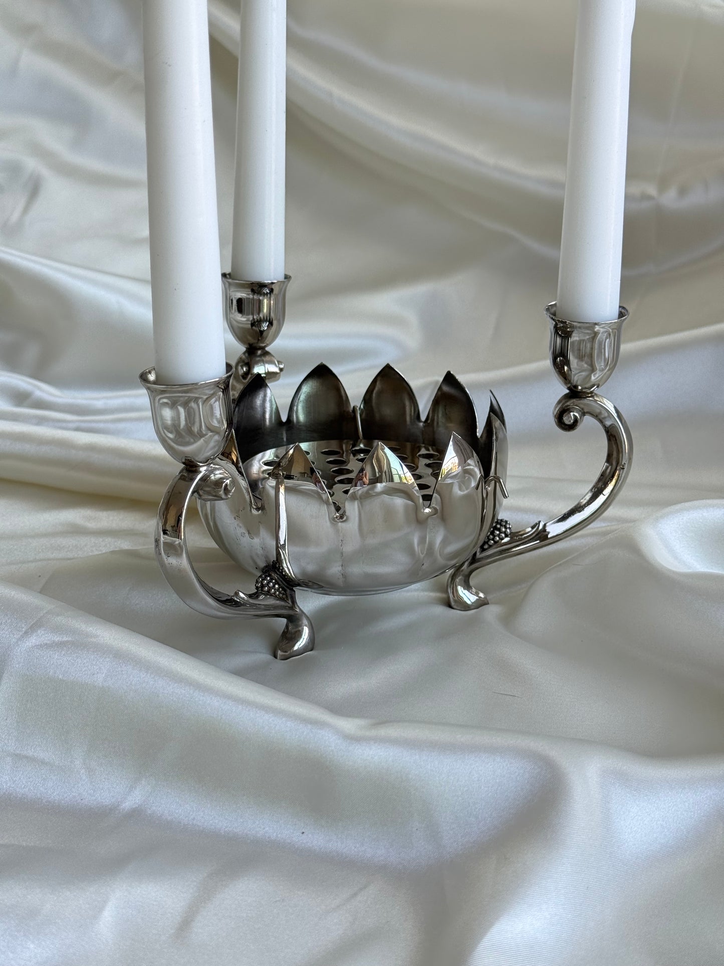 Vintage Silver Plated Floral Frog Candle Holder