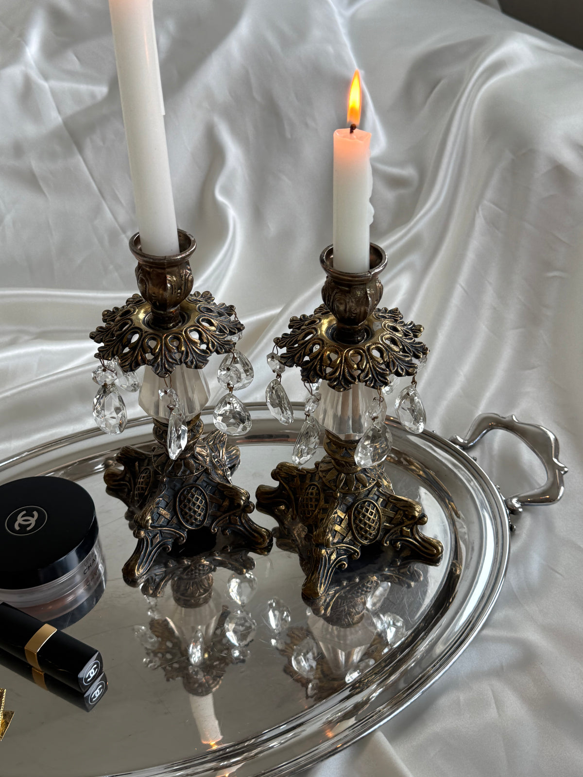 Vintage Hollywood Regency Crystal Prism Candlesticks – Pair