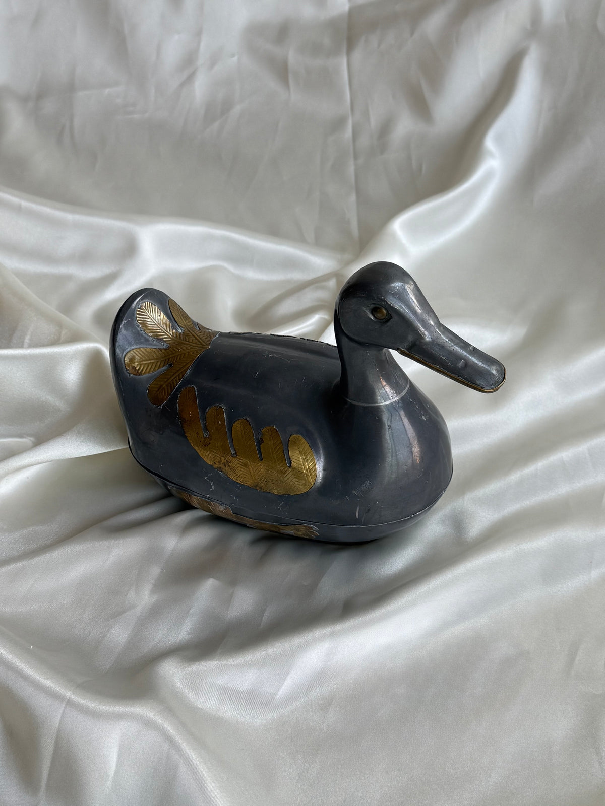 Vintage Pewter and Brass Duck-Shaped Trinket Box