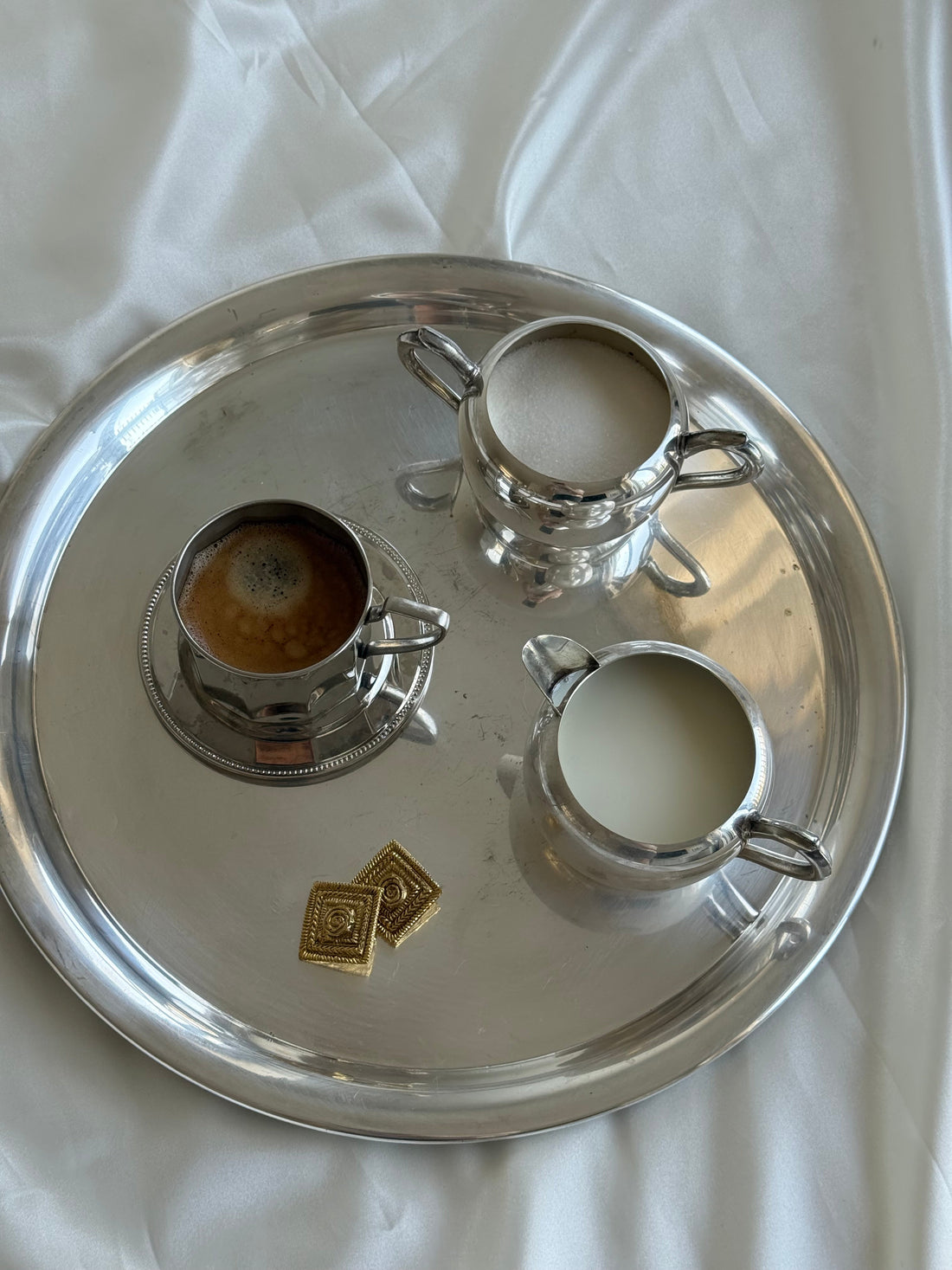 siver plated tray with coffee and sugar dish 