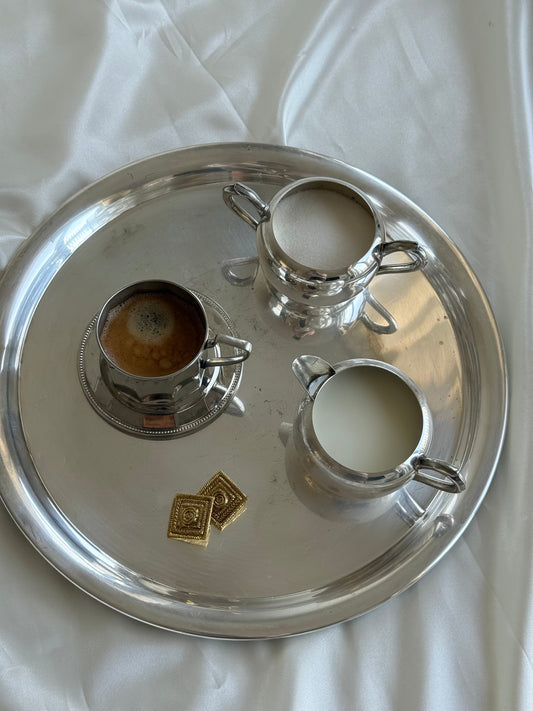 siver plated tray with coffee and sugar dish 