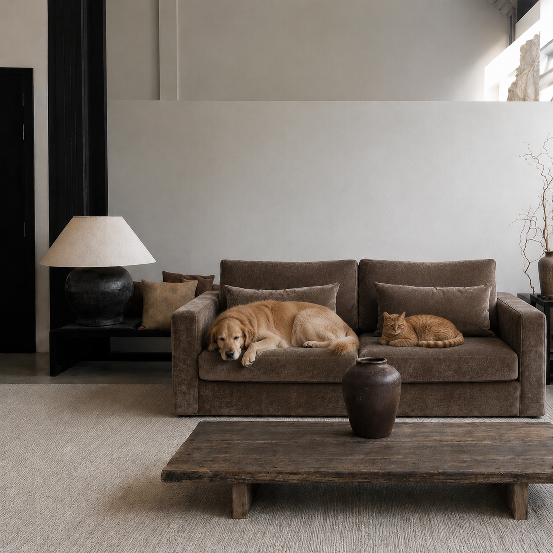 brown vintage style sofa with dogs on 