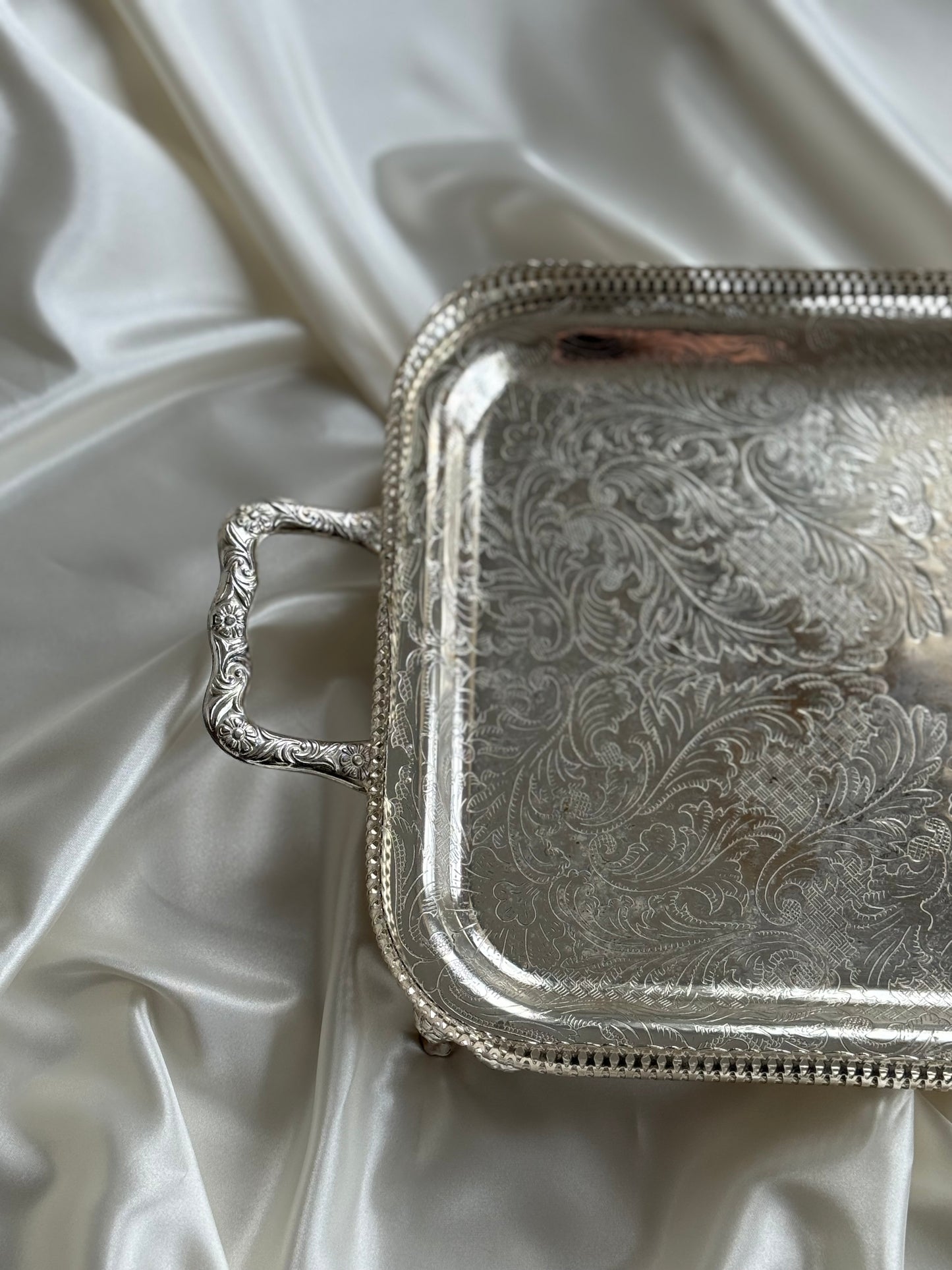 Vintage Silver Plated Serving Tray with Handles – Ornate Footed Design