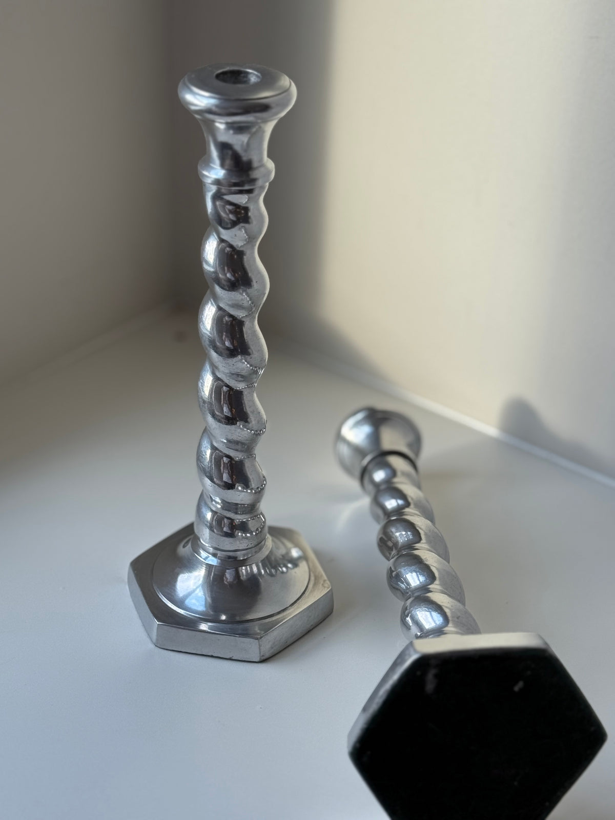 Pair of Vintage Postmodern Silver-Tone Barley Twist Candlesticks
