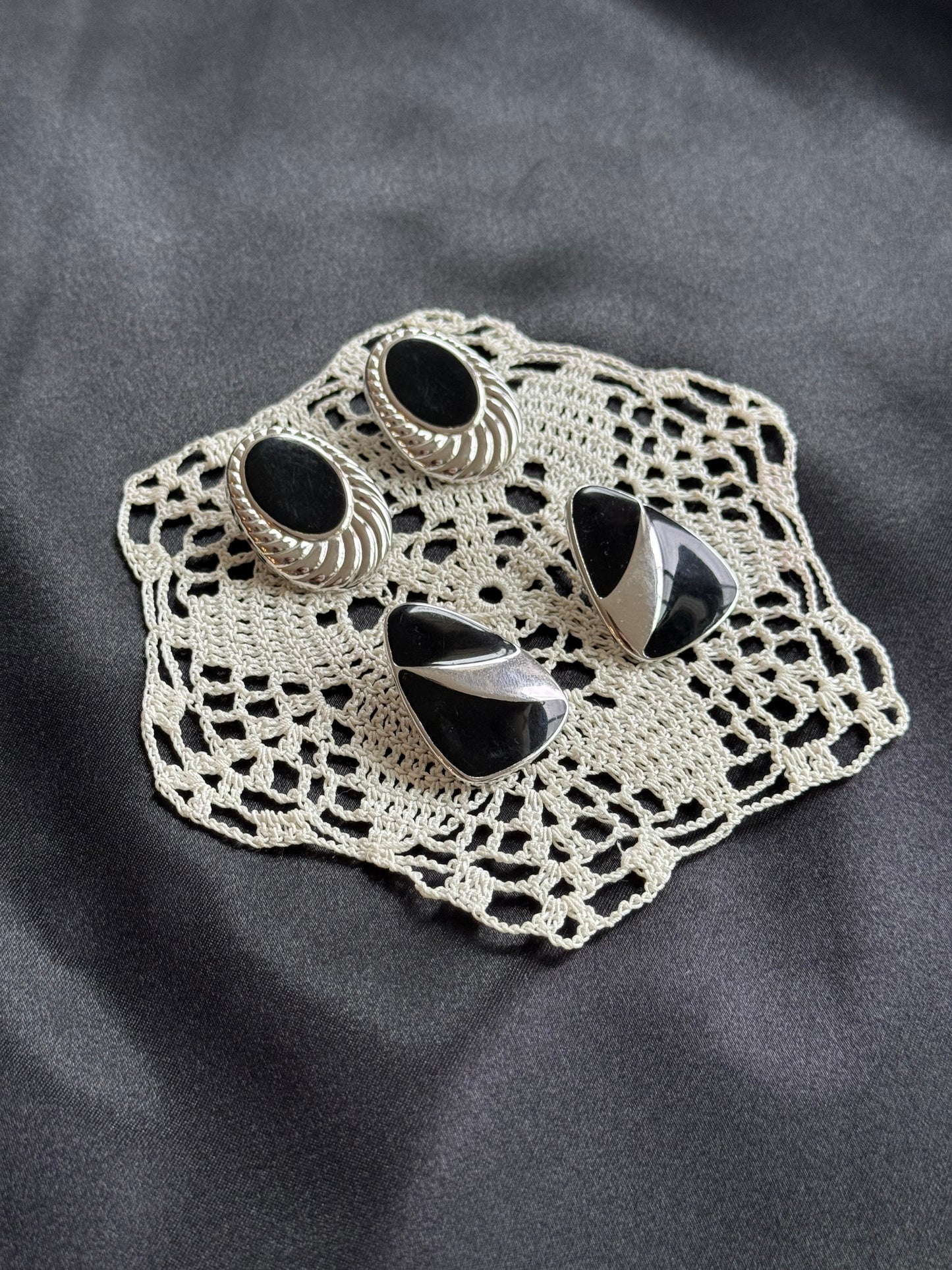 Two Pairs of Vintage Silver-Tone Stud Earrings (Black Inlay)