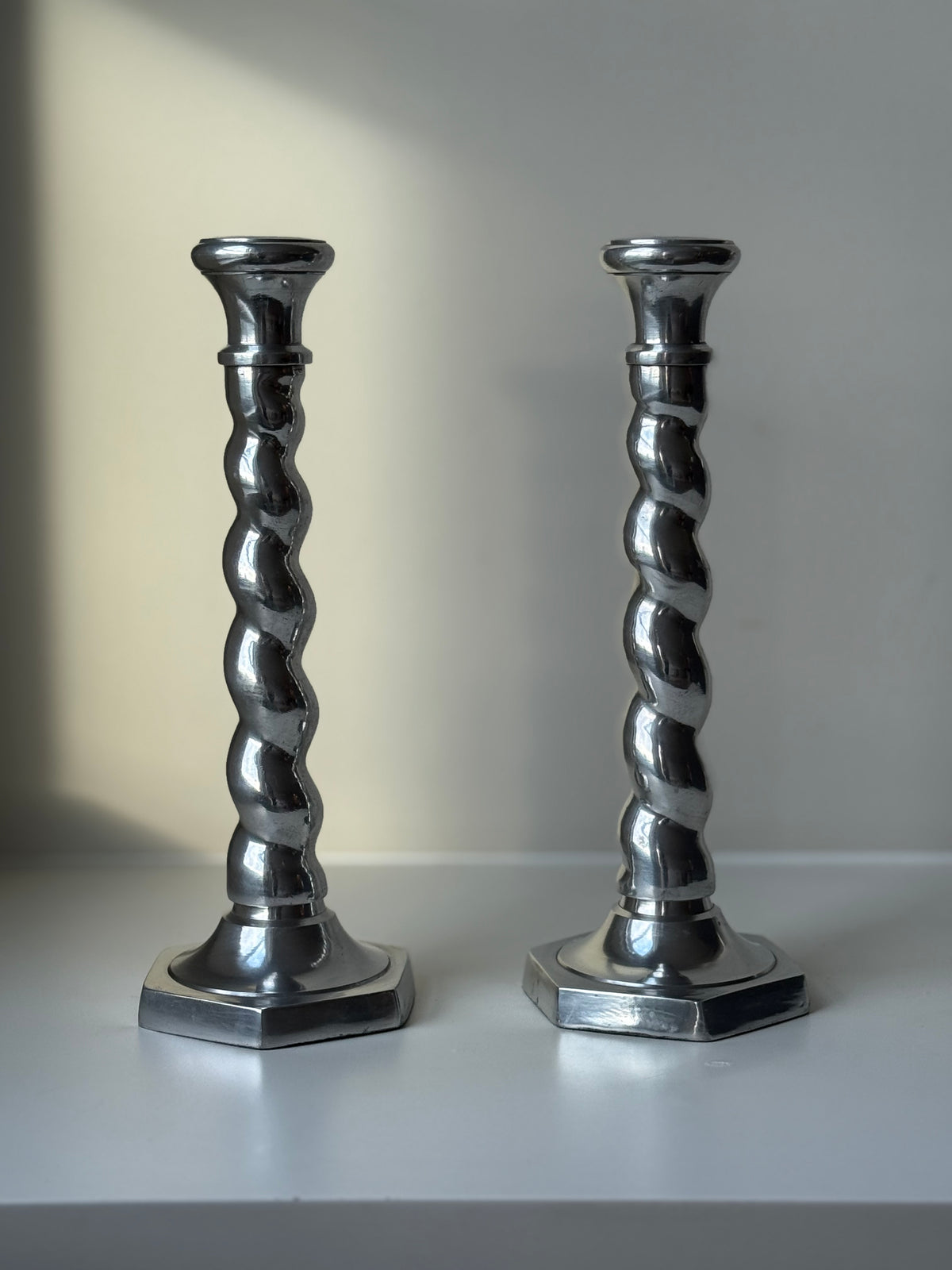 Pair of Vintage Postmodern Silver-Tone Barley Twist Candlesticks