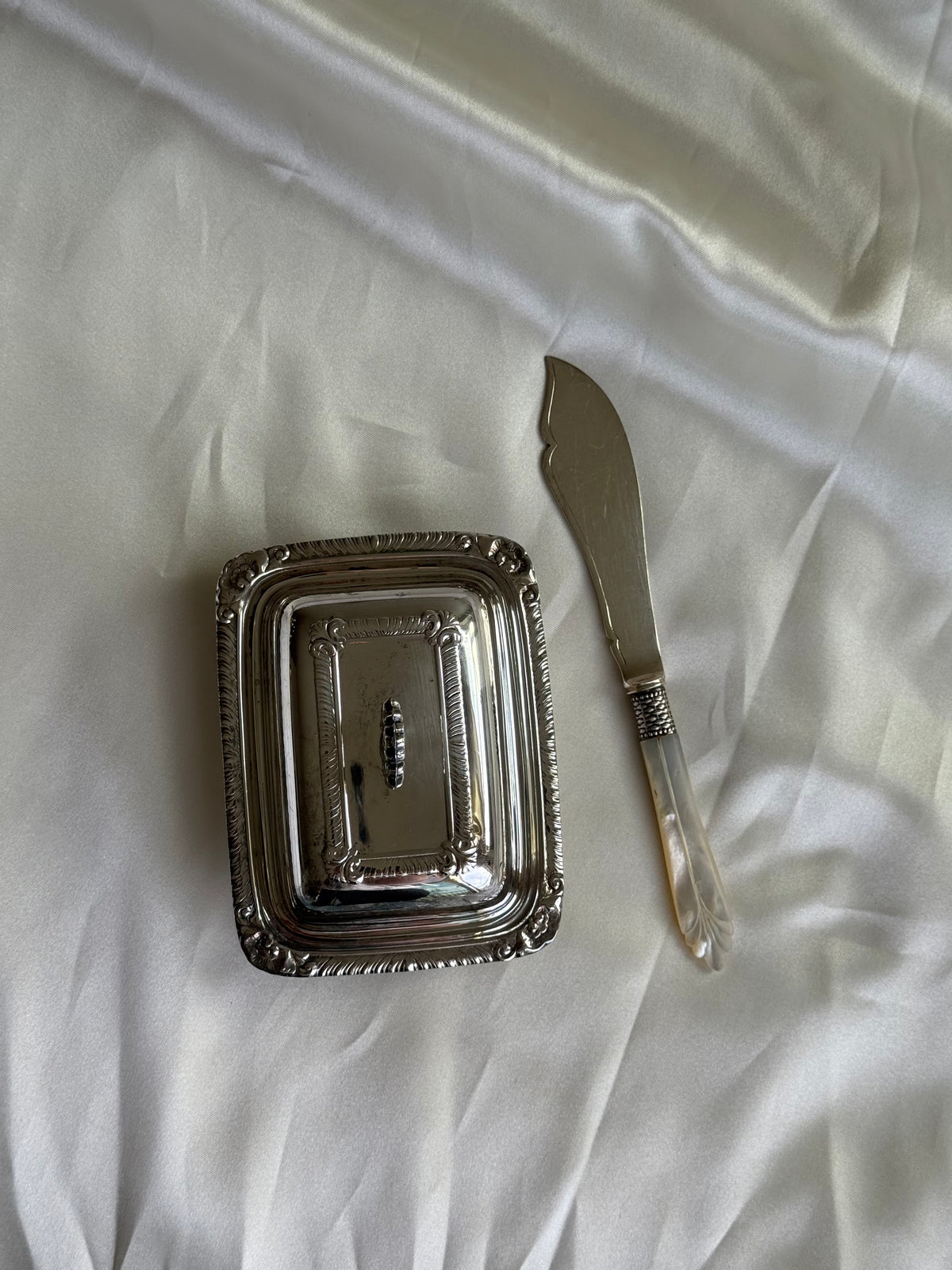 Vintage Silver-Plated Butter Dish & Mother-of-Pearl Serving Knife