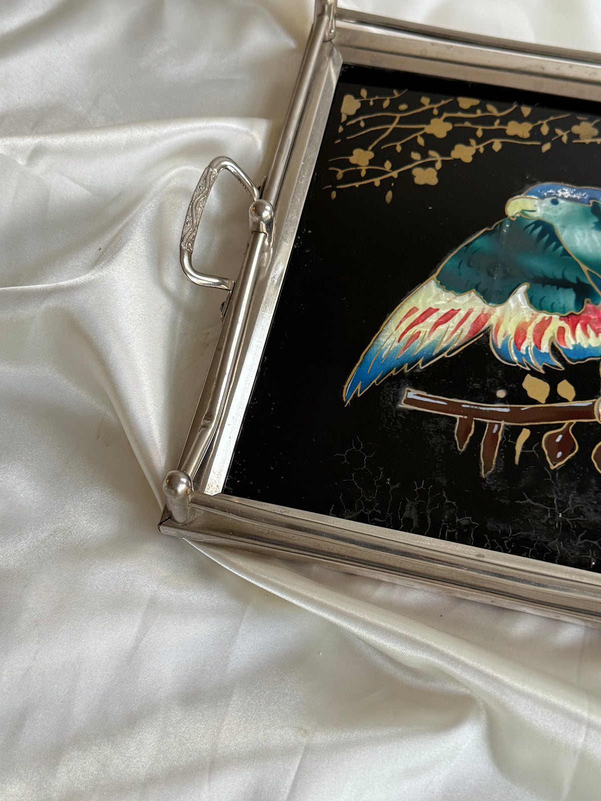 Vintage Reverse Painted Glass Serving Tray with Parrot Design