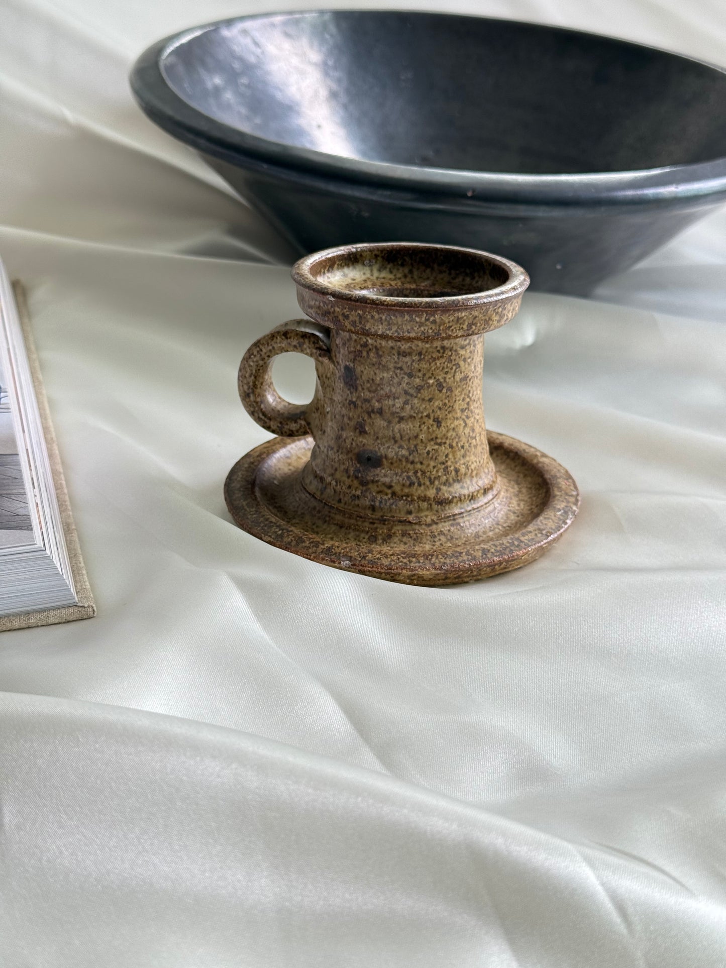 Vintage Speckled Stoneware Chamberstick – Earthy Studio Pottery Candleholder