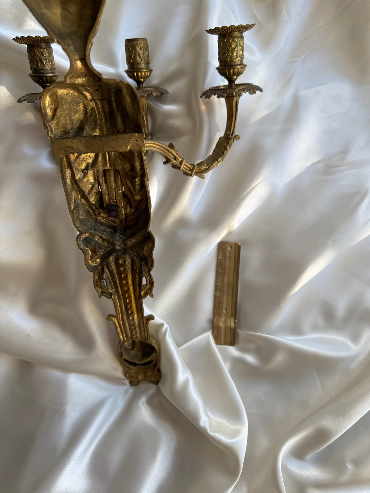 Antique French Solid Brass Three-Arm Wall Sconce, Louis XVI Revival