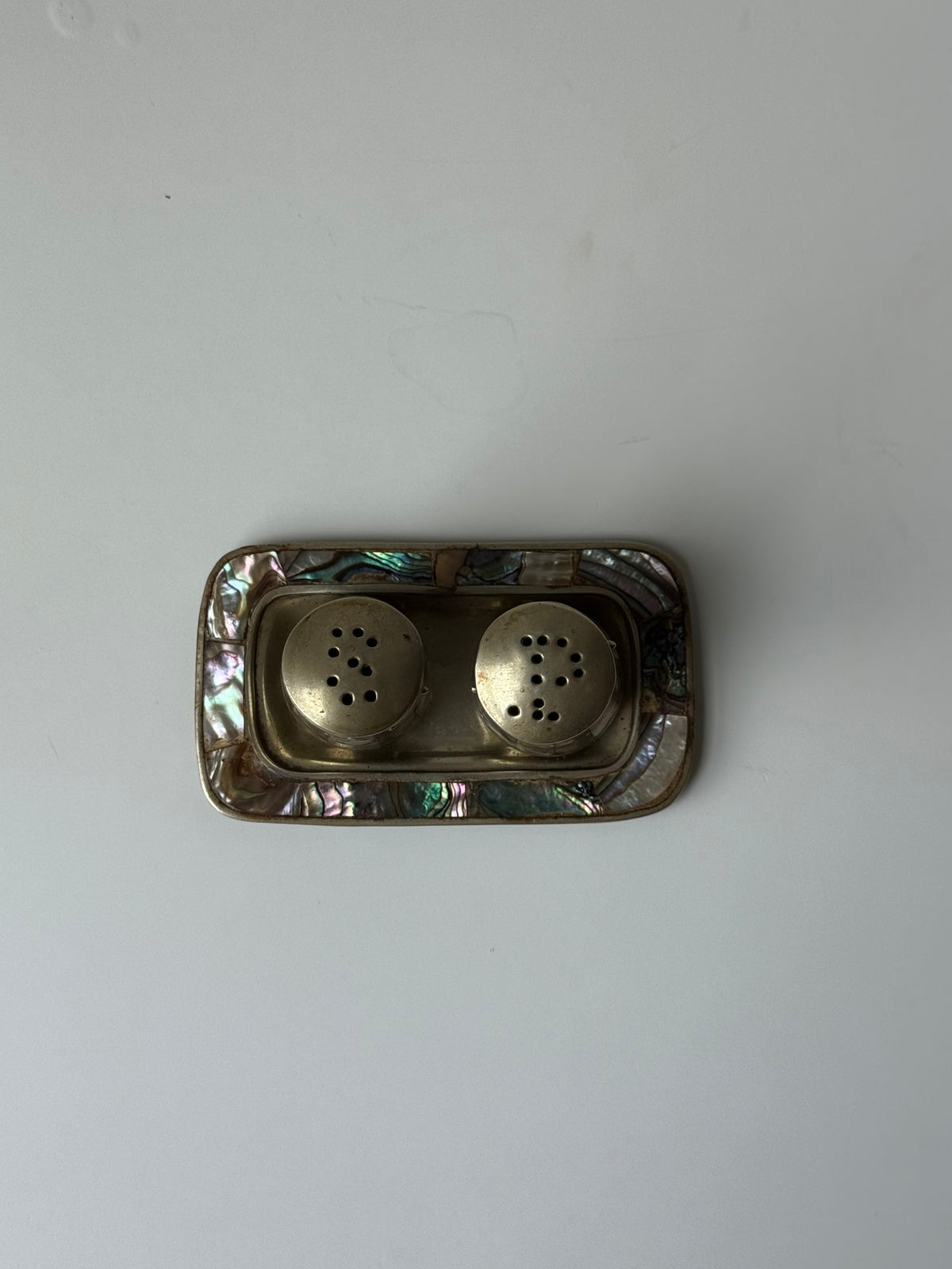 Vintage Abalone Shell Salt & Pepper Shakers with Matching Tray