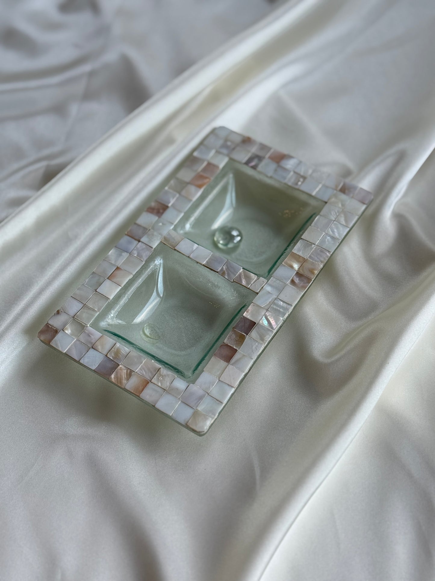 Mother-of-Pearl & Glass Dish — Two-Compartment