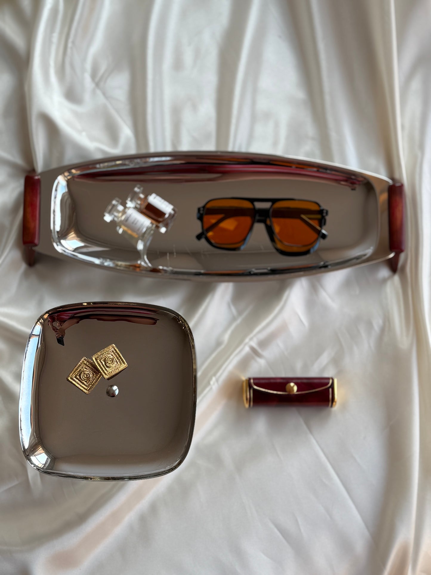 Vintage MCM-Style Chrome Serving Set with Tortoiseshell Accents
