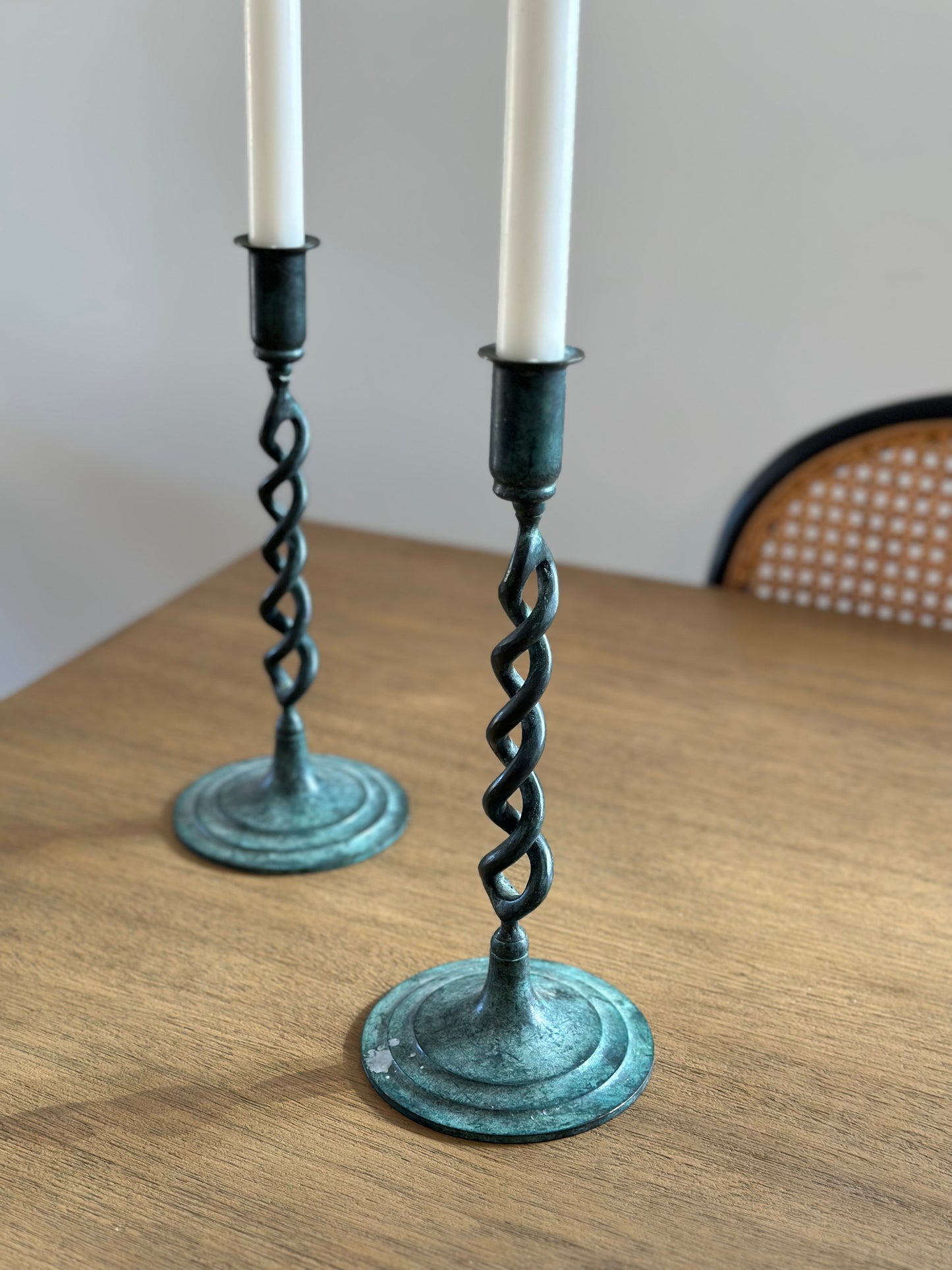 Brass patina spiral candleholders