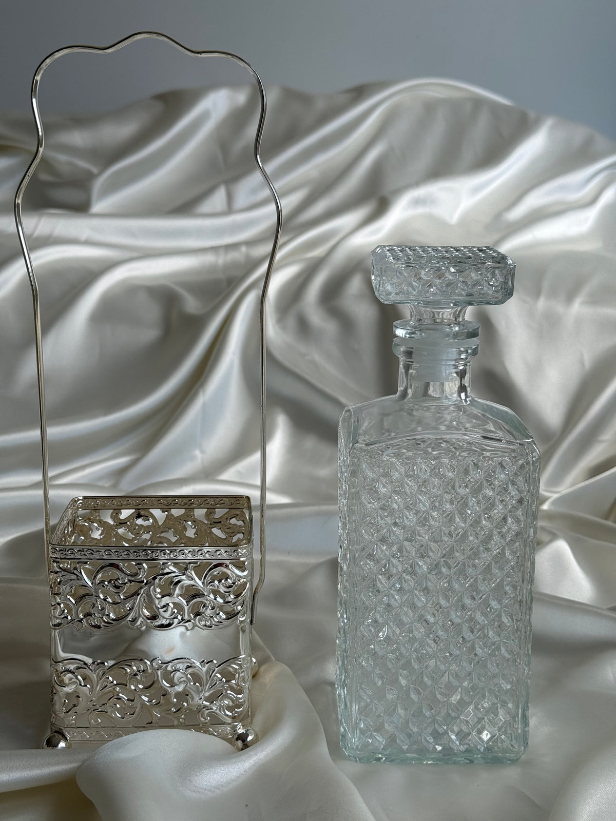 Vintage Italian Pressed Glass Decanter with Silver-Plated Caddy