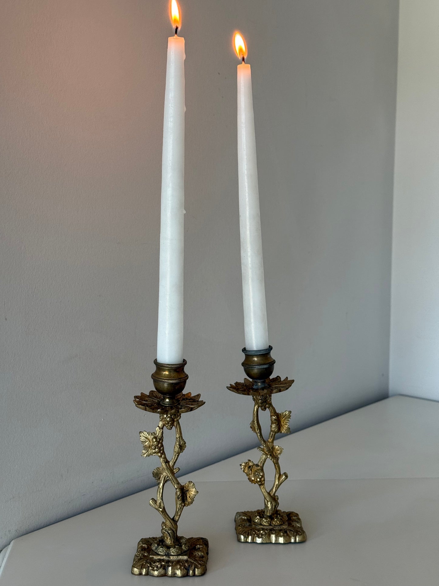 Pair of Antique Ornate Brass Grape & Vine Candlestick Holders