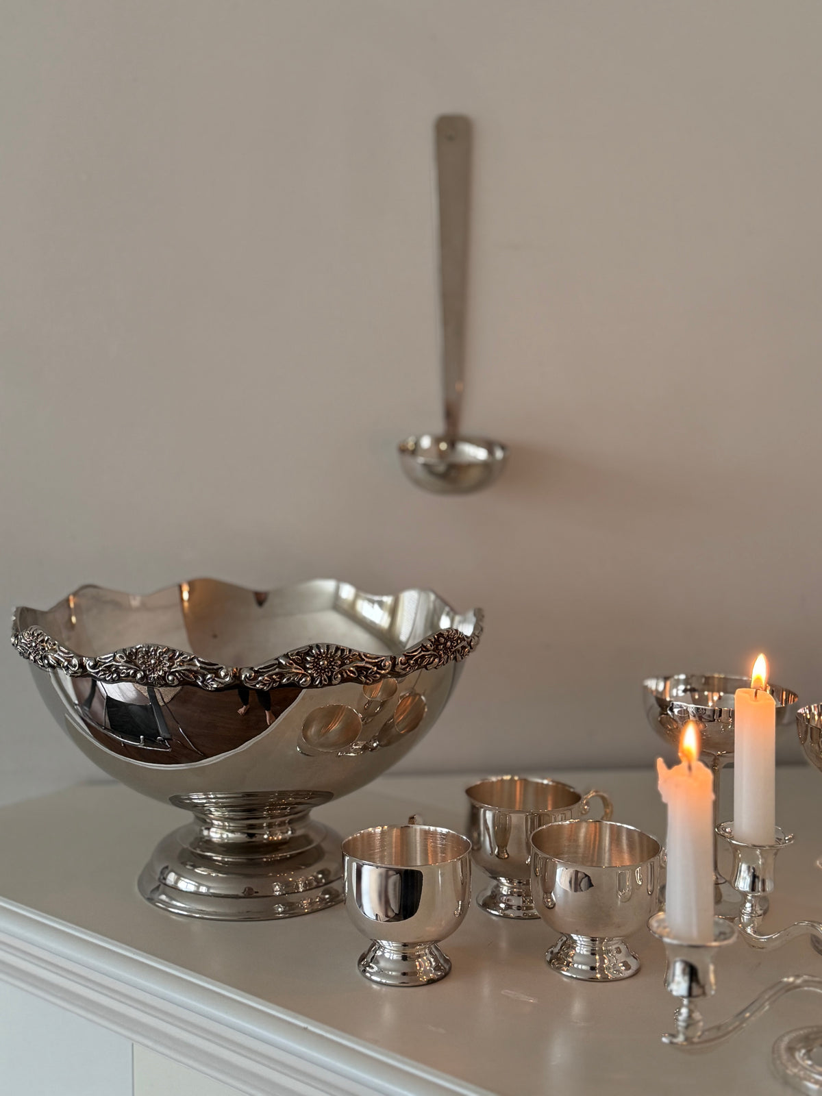Vintage Silver-Plated Punch Bowl Set with 10 Hanging Cups & Ladle