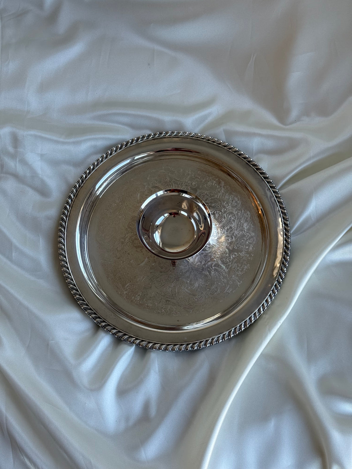 Vintage Silver-Plated Serving Tray with Central Dip Bowl