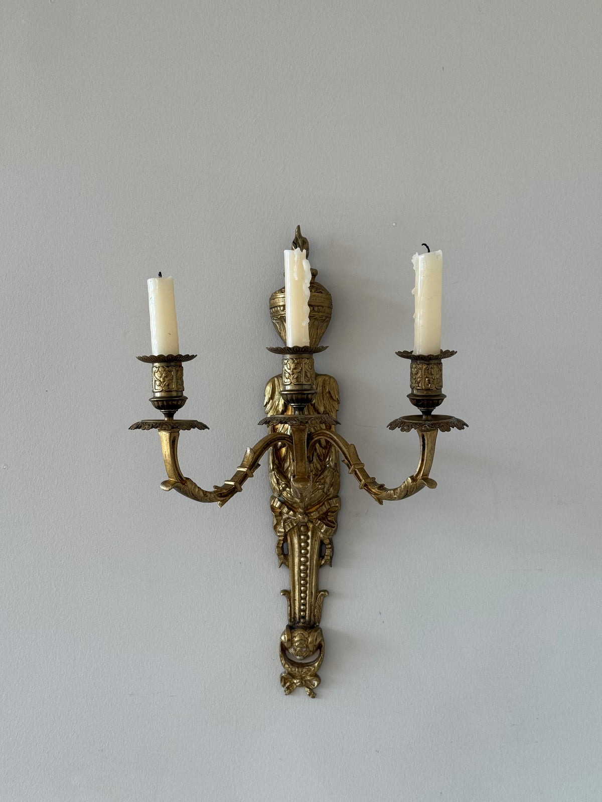 Antique French Solid Brass Three-Arm Wall Sconce, Louis XVI Revival