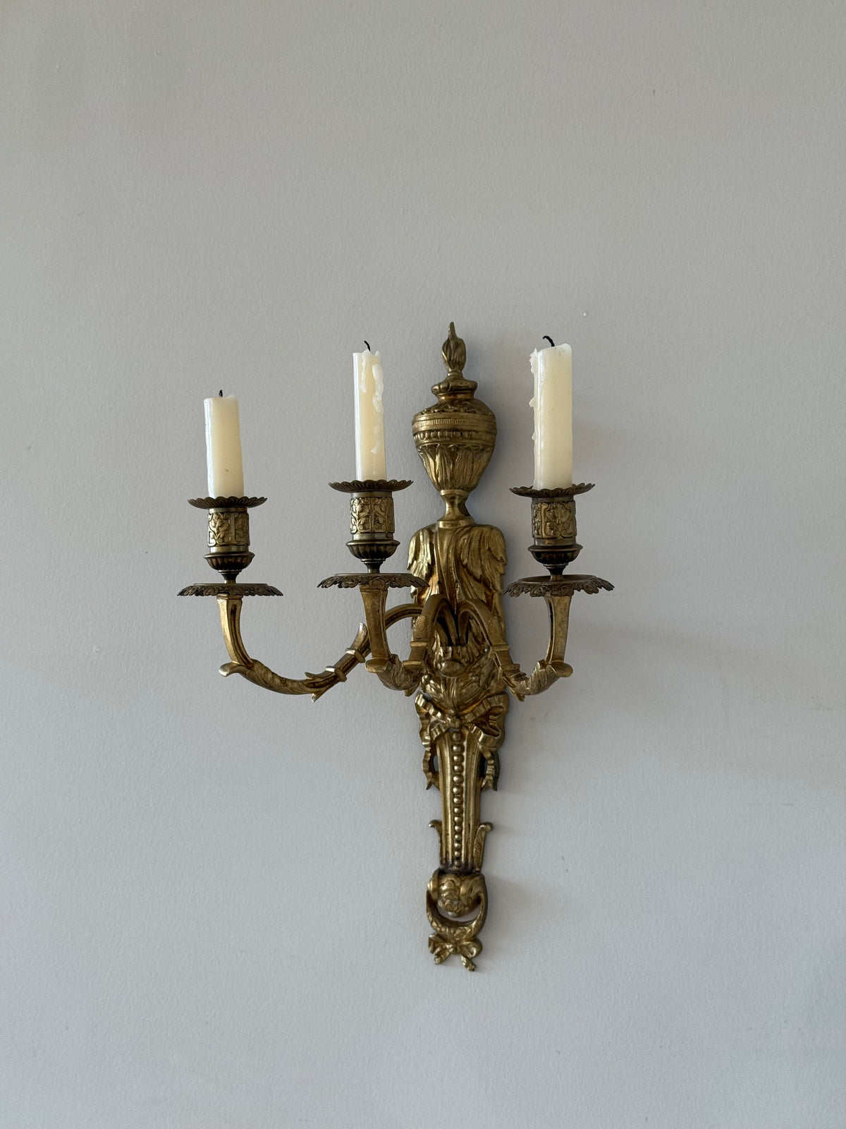 Antique French Solid Brass Three-Arm Wall Sconce, Louis XVI Revival